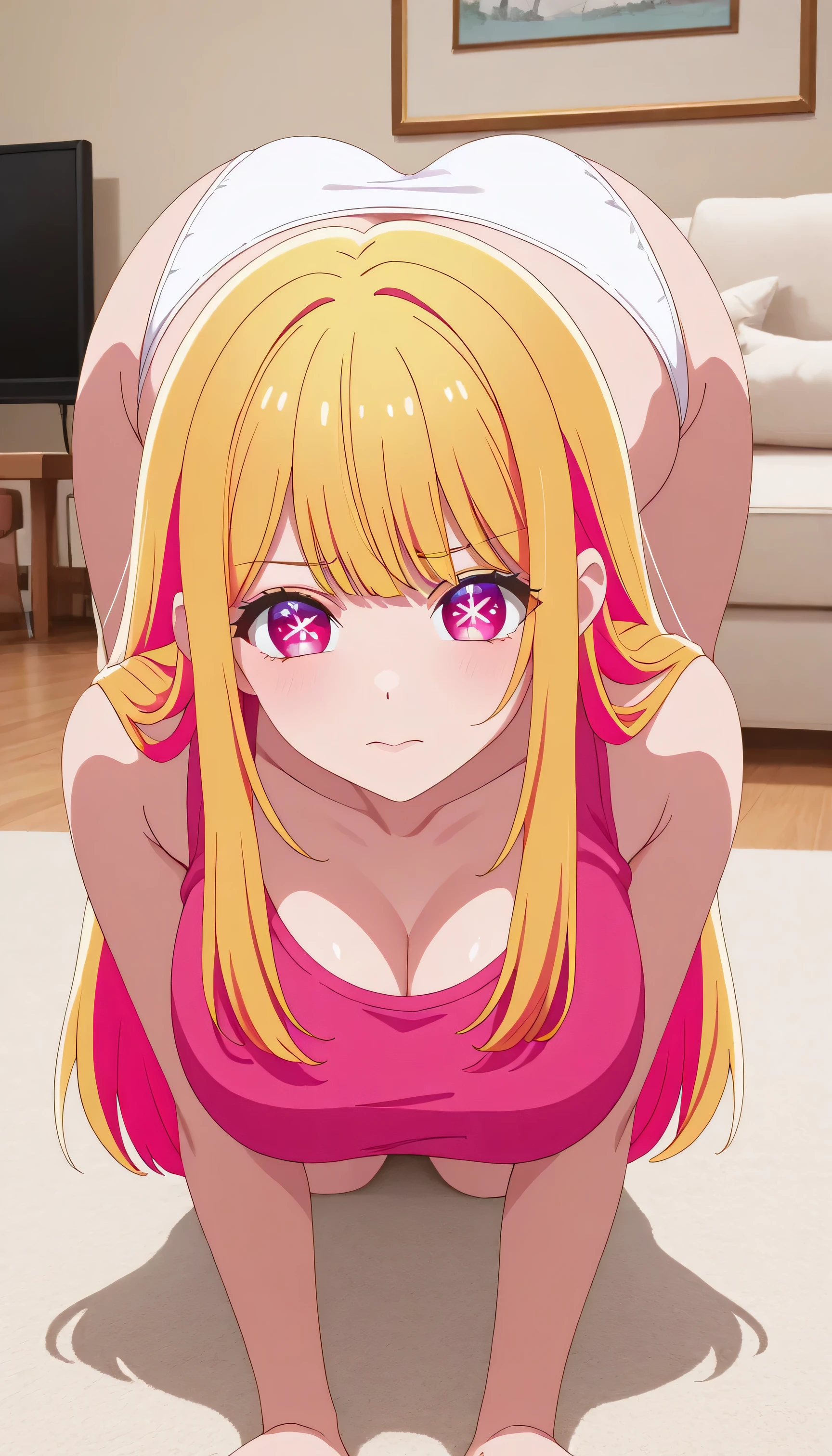 1girl, large breasts, living room, on all fours, ass up, ruby hoshino, long hair, bangs, blonde hair, pink eyes, sidelocks, symbol-shaped pupils, multicolored hair, two-tone hair, pink crop top, white panties, front facing, facing viewer, looking at viewer