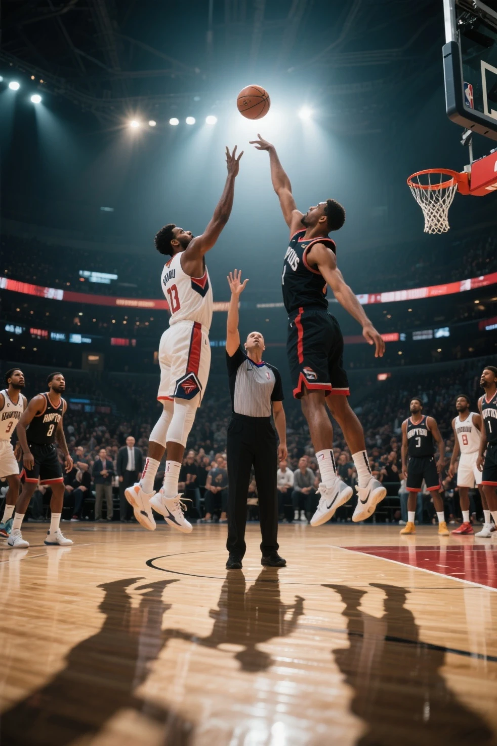 A photorealistic basketball scene at the start of a game. Two tall centers from opposing teams leap high into the air as the referee tosses the ball upward for the jump ball. The stadium lights shine brightly, illuminating the court and casting dramatic shadows. The atmosphere is full of tension and excitement, with teammates and the crowd watching eagerly. Ultra-detailed textures, cinematic lighting, realistic skin tones, 8k resolution, film-like sports photography.