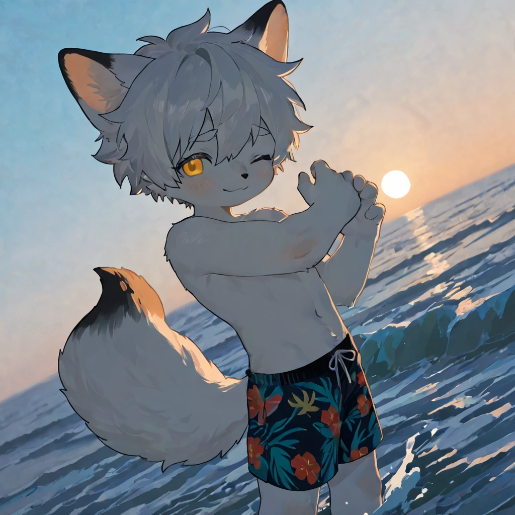 (by Hioshiru), Male, Solo, domestic dog，Doggy, floppy ears, clawed paws, view the viewer，On the beach，the ocean，On the beach，Sexy，The upper part of the body，lowerbody，（Sweat：1.9），gasps，upper legs，small thighs，white legwear，〈Have a strong figure〉，opens his eyes wide，A collar  worn around his neck，Dog leash，Be red in the face，Desire for dissatisfaction，the shy，gentle，Temptation of the，intoxicated，gasps，Eyes are focused，sideface，Keep your eyes wide open，Heads-up，Tall and strong，Fluffy tail，Orange and  yellow tail，Masterpiece, Best quality, offcial art, Extremely detailed Cg Unity 8K wallpaper, Ultra-detailed, Best Illustration, Best shadow, Perfect lighting, bellow (/arknight/), White fur, Furry male, wolf boy, Furry, Two-tone fur, 1boys, multicolored hair, Male focus, Striped hair, Dog ears, Animal ears, single horn, Brown fur, bangs, Orange hair, White hair, Medium hair, Orange eyes, Black pupils，Solo, Muscle men，blue swim briefs，whitestocking，sideface，Sit Pose，The erection，massive bulge，full bodyesbian，Swimming goggles，Hair  supple，slippers，Close your left eye，sandcastle，coconut palms，Sit on a folding recliner，enjoying, , More robust，Erect penis!!!，cum shot!!!，Hold the  with left hand!!!，right hand on he's hade, The  are large，Big !!!, face close to viewer, !!!, Illustration, !!!, !!!. A lot of white liquids come out from his !!!. A lot of white liquids spreads from his !!!. high quality, happy, open mouth and look up into perspective, face close to viewer, he's body cover with much white liquids, cute wolf 