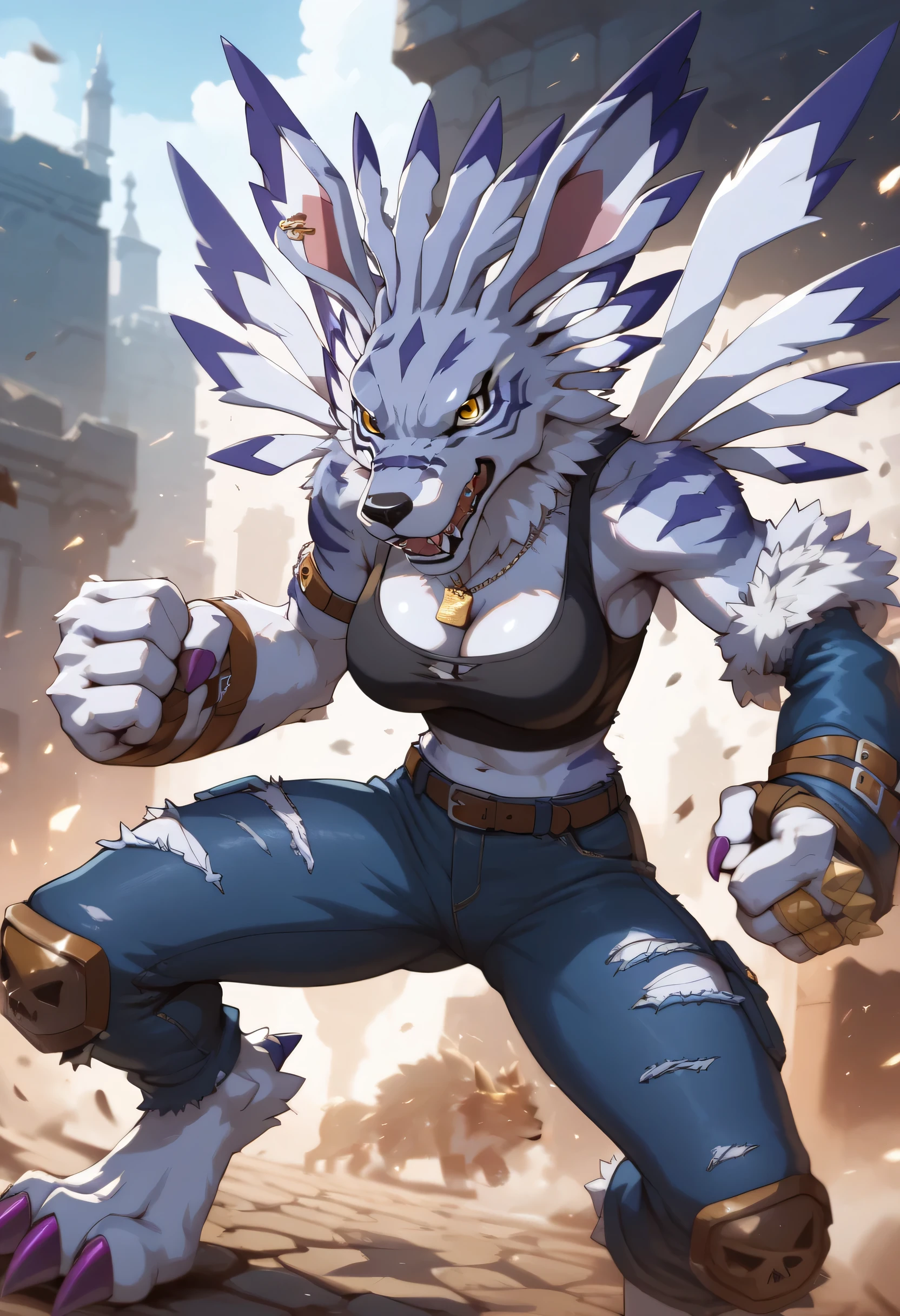 masterpiece, action pose, (WereGarurumon), digimon, anthro, female, cleavage, wolf, light blue fur, yellow eyes, dark blue stripes, purple claws, ripped blue jeans with a spiked knee-pad on the right leg and skull and crossbones on left leg, a leather pauldron on left shoulder, blue arm sleeve on left arm, dog_tag, silver armbands right arm, spiked brass knuckles, digital background