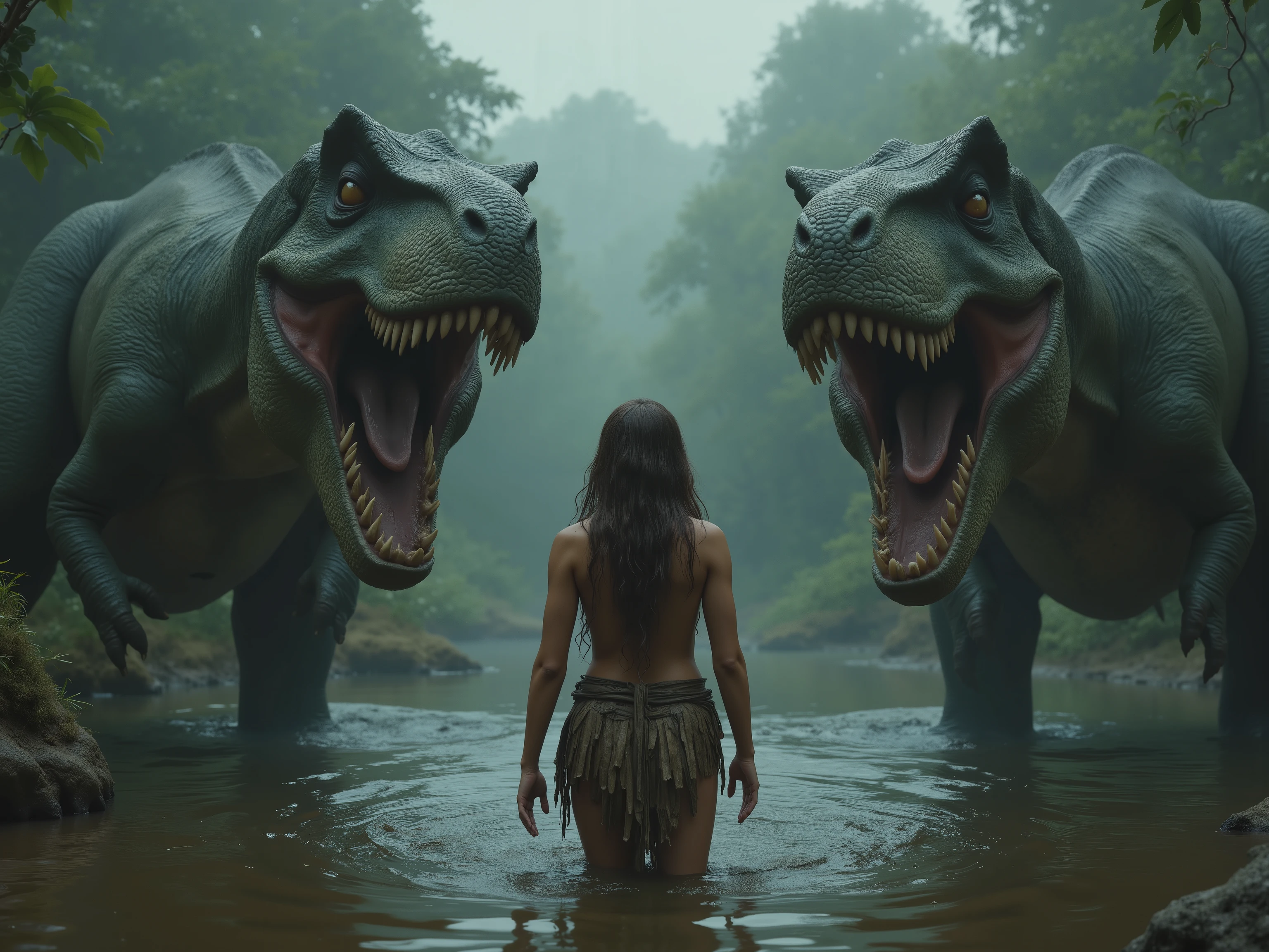 Ultra-realistic, photo-realistic, ultra-detailed, physically-based rendering, in a misty primordial forest, two towering Tyrannosaurus rexes dominate the scene, with their massive mouths open wide, revealing long, sharp, menacing teeth, and a beautiful young cavewoman is in the water in between them. The dinosaurs' textured skin is dark green, their faces are wet with moisture making their skin very realistic looking, the cavewoman of approximately 20 years old and wears minimal clothing—a makeshift skirt constructed from woven animal skins—and her long hair cascades down past her waist. The water in which she stands reaches her calves, adding a reflective sheen to the earth-toned surroundings. Her posture is tense, capturing a moment of raw fear and awe. The atmosphere is thick with humid anticipation, set under an overcast light, hinting at early morning. A young cavewoman in the water with a gigantic T Rex standing in front of her, movie still 8k, still from a live action movie, still from a fantasy movie, movie still, epic scene, epic vfx shot, adventure hyper realistic render, cinematic, cinematic photograph, concept art, jurassic image, highly detailed vfx scene, realistic cinematic shot
