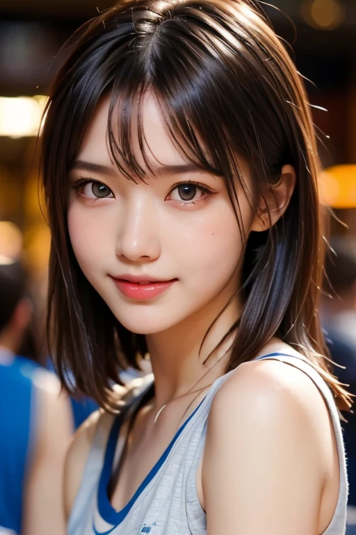 One Japanese idol, (RAW Photos, highest quality), (Realistic, Photorealistic:1.4), Tabletop, Very delicate and beautiful, Very detailed, 8k wallpaper, wonderful, In detail, Very detailedなCG Unity, High resolution, Soft Light, beautiful detailed 25 years old, Very detailedな目と顔, Beautifully detailed nose, Beautiful fine details,Cinema Lighting,City lights at night,thin,smile, (Medium Hair, My hair is messy, Asymmetrical bangs, Light brown hair)