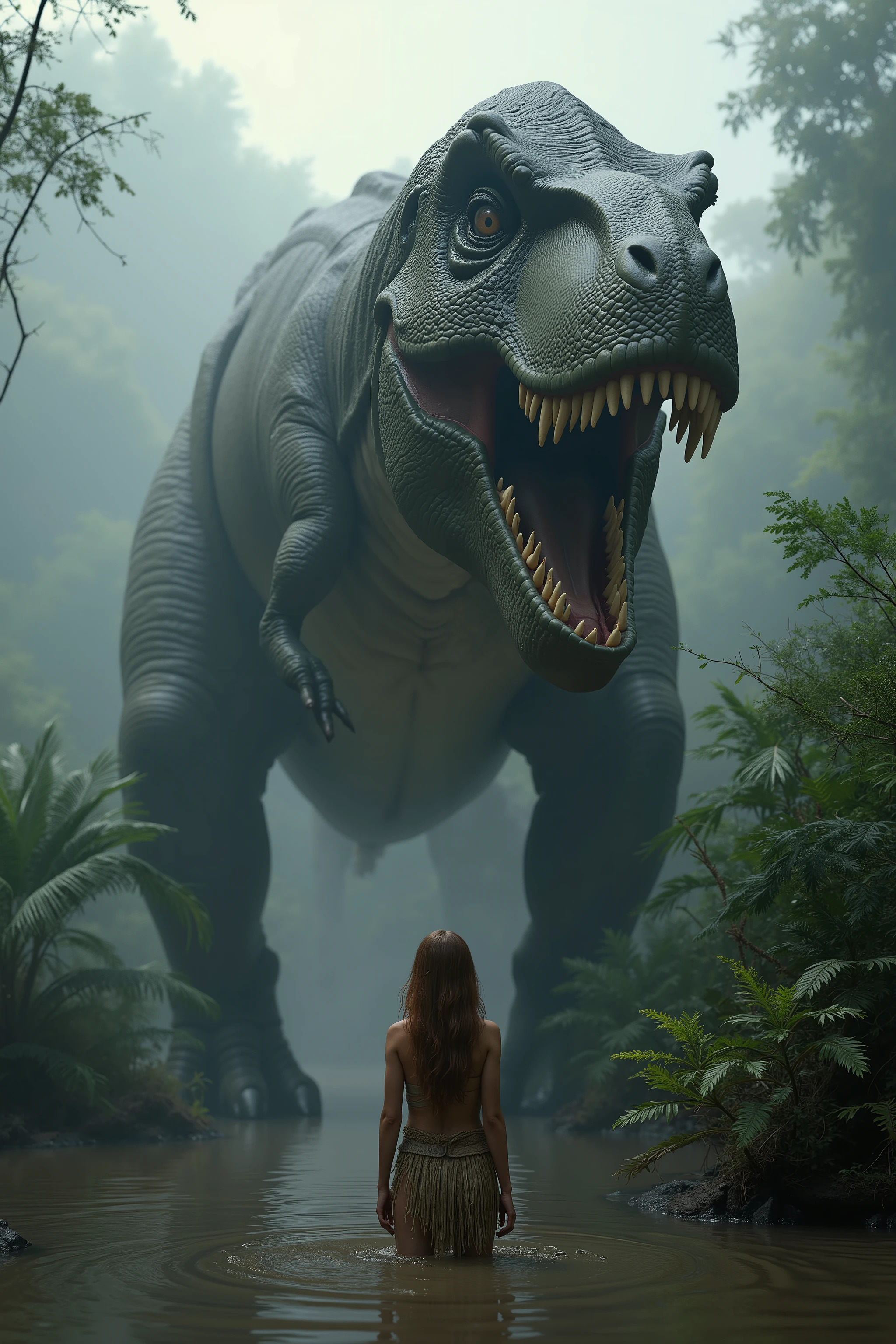 Ultra-realistic, photo-realistic, physically-based rendering, in a misty primordial forest, a towering Tyrannosaurus rex dominates the scene, its massive mouth open wide, revealing sharp, menacing teeth. The dinosaur's textured skin is a dark shade of green, blending seamlessly with the lush vegetation surrounding it. Opposite the creature stands a lone cavewoman of approximately 20 years old, her back to the viewer. She wears minimal clothing—a makeshift skirt constructed from woven animal skins—and her long hair cascades down past her waist. The water in which she stands reaches her calves, adding a reflective sheen to the earth-toned surroundings. Her posture is tense, as she confronts this prehistorically imposing figure, capturing a moment of raw fear and awe. The atmosphere is thick with humid anticipation, set under a diffuse and overcast light, hinting at early morning or late evening in this prehistoric paradise. A young cavewoman in the water with a gigantic T Rex standing in front of her, movie still 8k, still from a live action movie, still from a fantasy movie, movie still, epic scene, epic vfx shot, adventure hyper realistic render, cinematic, cinematic photograph, concept art, jurassic image, highly detailed vfx scene, realistic cinematic shot