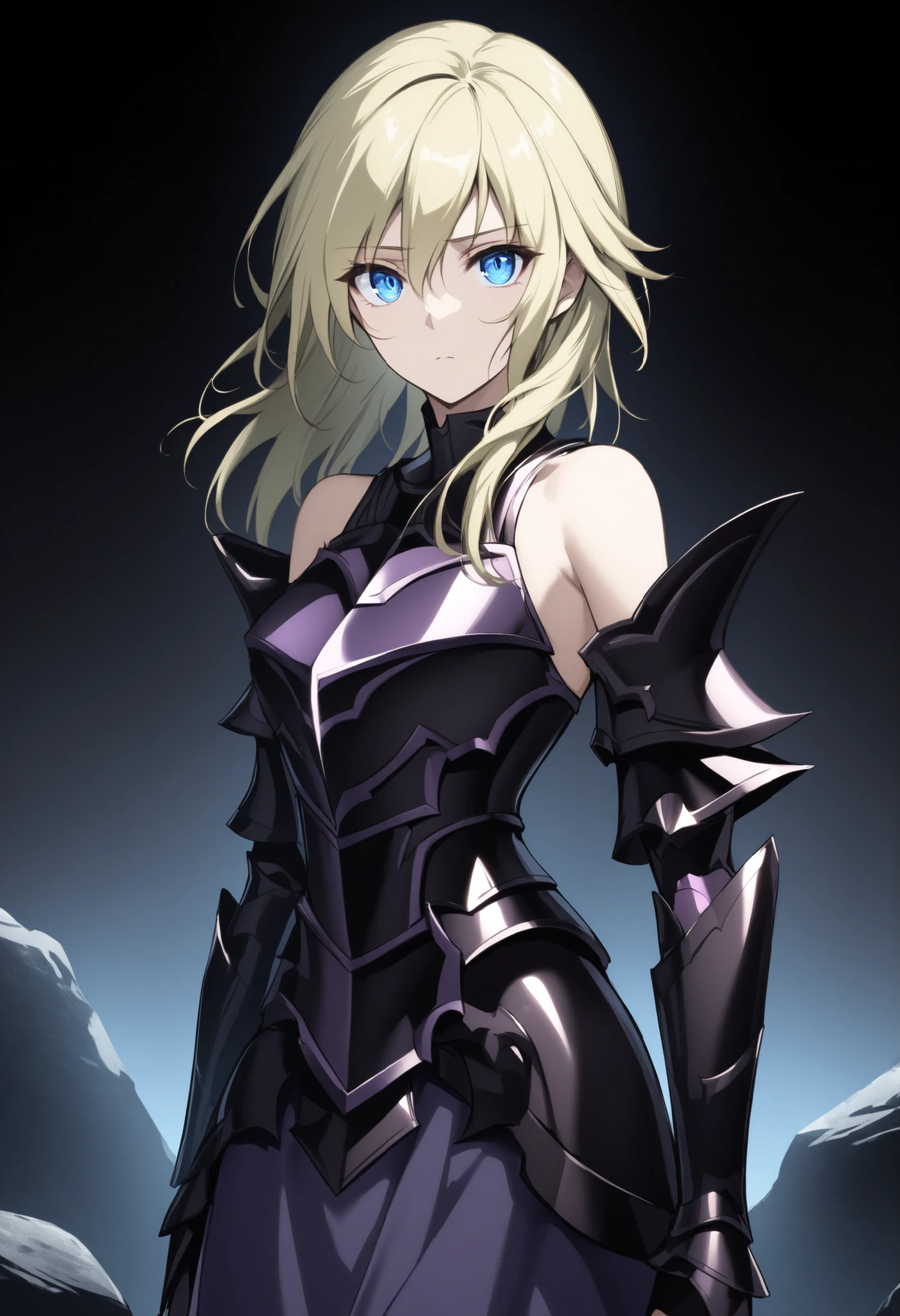 (high-quality, breathtaking),(expressive eyes, perfect face) Symmetrical Eyes, 1girl, female, solo, looking at viewer, black background, soft eerie blue lighting background, rock terrain background, Dark Purple Armor, trim, full plate armor, half body shot, solo, black armor, Specter, Dark Knights, namine, blue eyes, blonde hair, hair between eyes, bare shoulders

