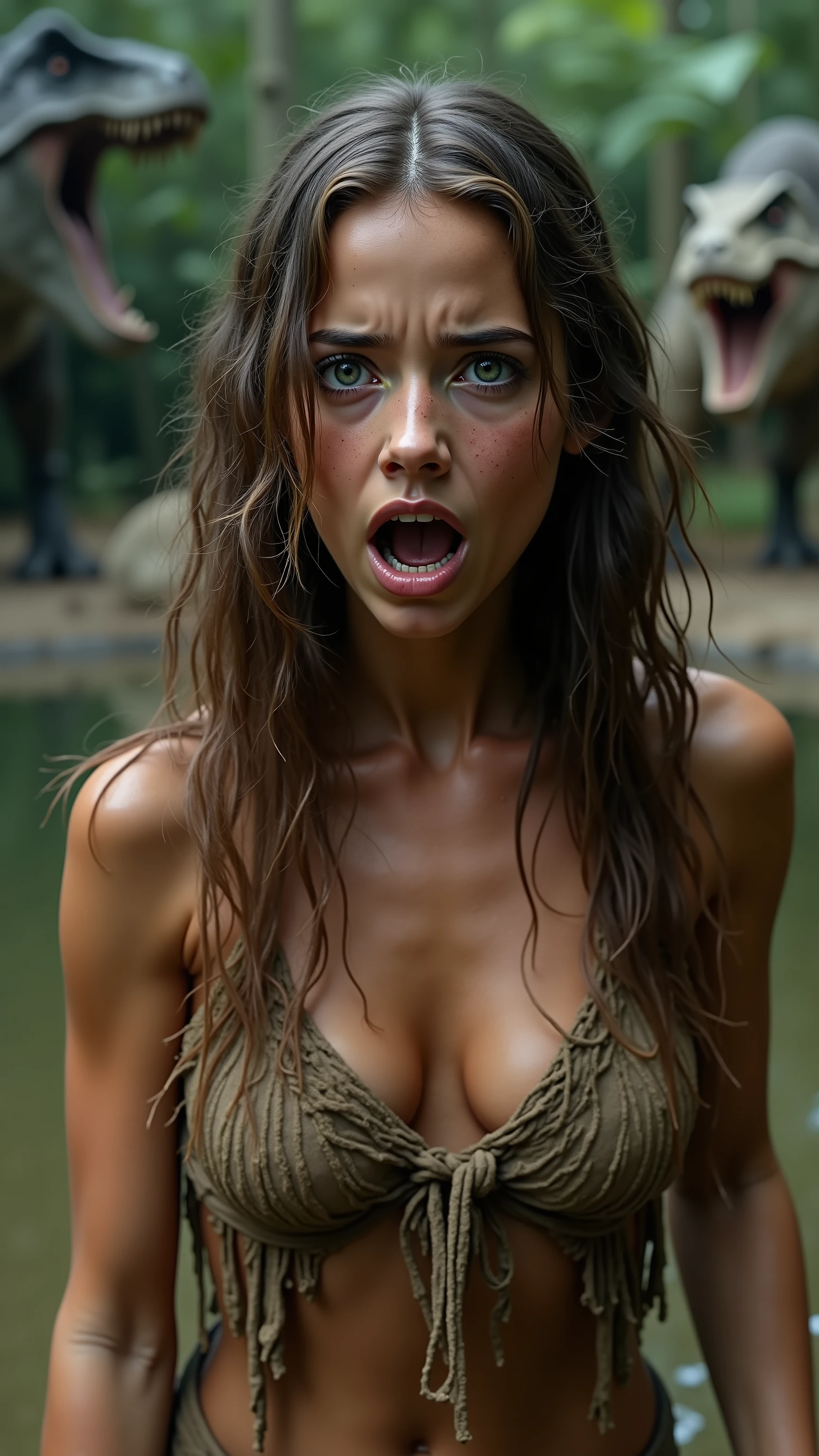 A close-up from the waist up of a lovely young cavewoman covered only in an animal skin as she is confronted by a Tyrannosaurus Rex at a watering hole. She is too terrified to run. Attention to detail on the eyes and facial features, intricate details and care of the images, pale skin, very long hair, large chest and hips, terrified expression, large wide wide-eyed, sweaty, in shock, unable to move, vulnerable moment, horrified eyes, Parted Lips, extremely attractive young woman, hypersensual, scary, startling, raw photo, 8k, prehistoric life, exposed female, dangerous condition, ultra-realistic masterpiece