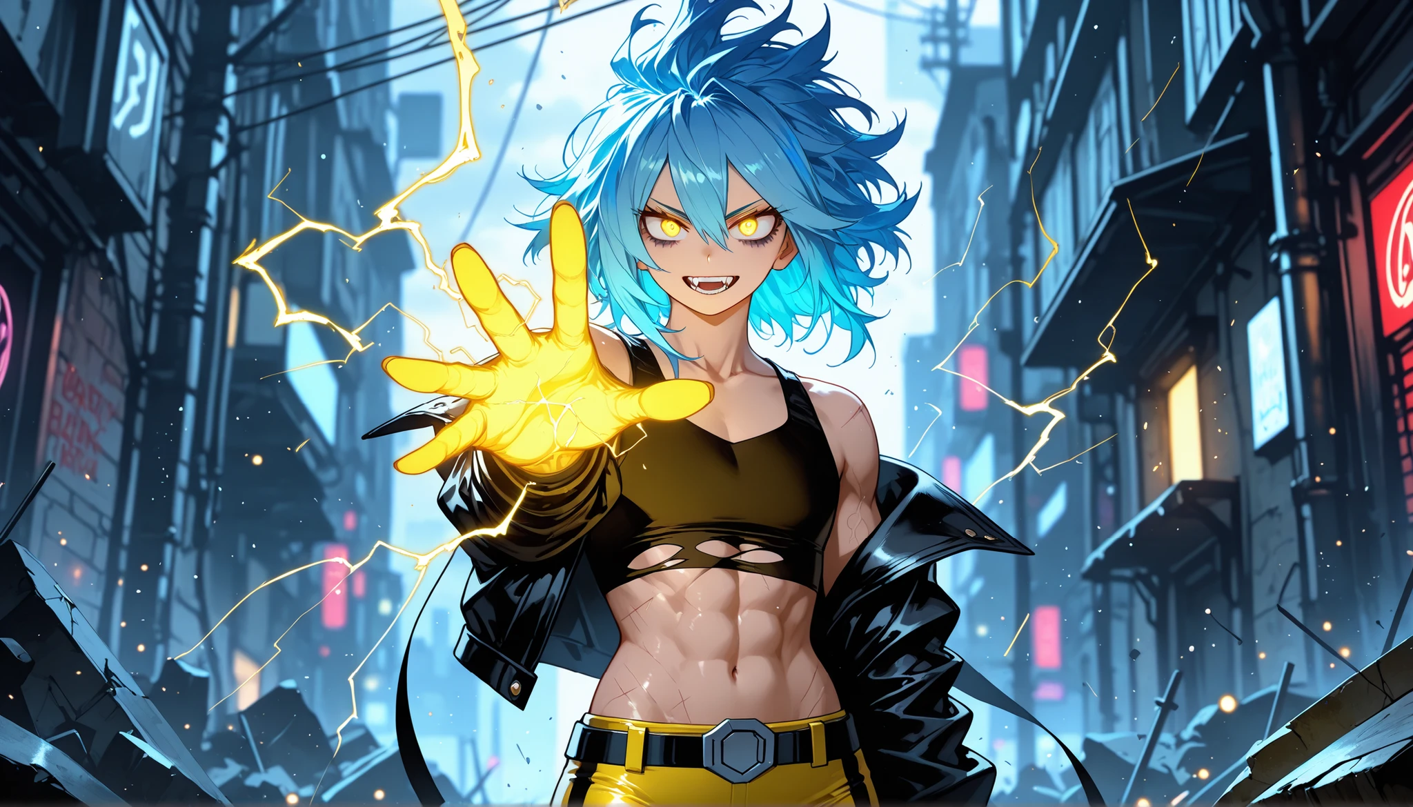 solo, half body, {((man)), my hero academia, ((mature:9)), otoko no ko, toned body, ((electric blue hair)), short messy hair falling in face and between eyes, light skin, ((yellow glowing eyes)) glowing like charged filaments, sharp fangs bared in defiance, dark shadows under eyes, confident expression turned rebellious, wearing black crop top torn at edges, plain yellow leggings/tights streaked with static scars, bare feet sparking against cracked concrete, black leather cropped jacket draped off shoulders like broken armor, standing with hand reaching out toward the viewer like an invitation to chaos},

[BREAK] blurred background, background: ruined city alley, walls tagged with neon rebellion graffiti, broken power lines overhead spilling arcs of blue-white electricity, static rain shimmering in the air, puddles lit with electric reflections, shattered billboards flickering glitch-text warnings, storm clouds glowing with veins of lightning instead of fire,

[BREAK] general, masterpiece, masterwork, best quality, highres, cinematic composition, ultra-detailed fabric textures, photoreal semi-cinematic punk aesthetic, eyeshd, high gradient eyes, dramatic shadows, perfect hands, anarchic glow, atmosphere of defiance and collapse charged with electricity.