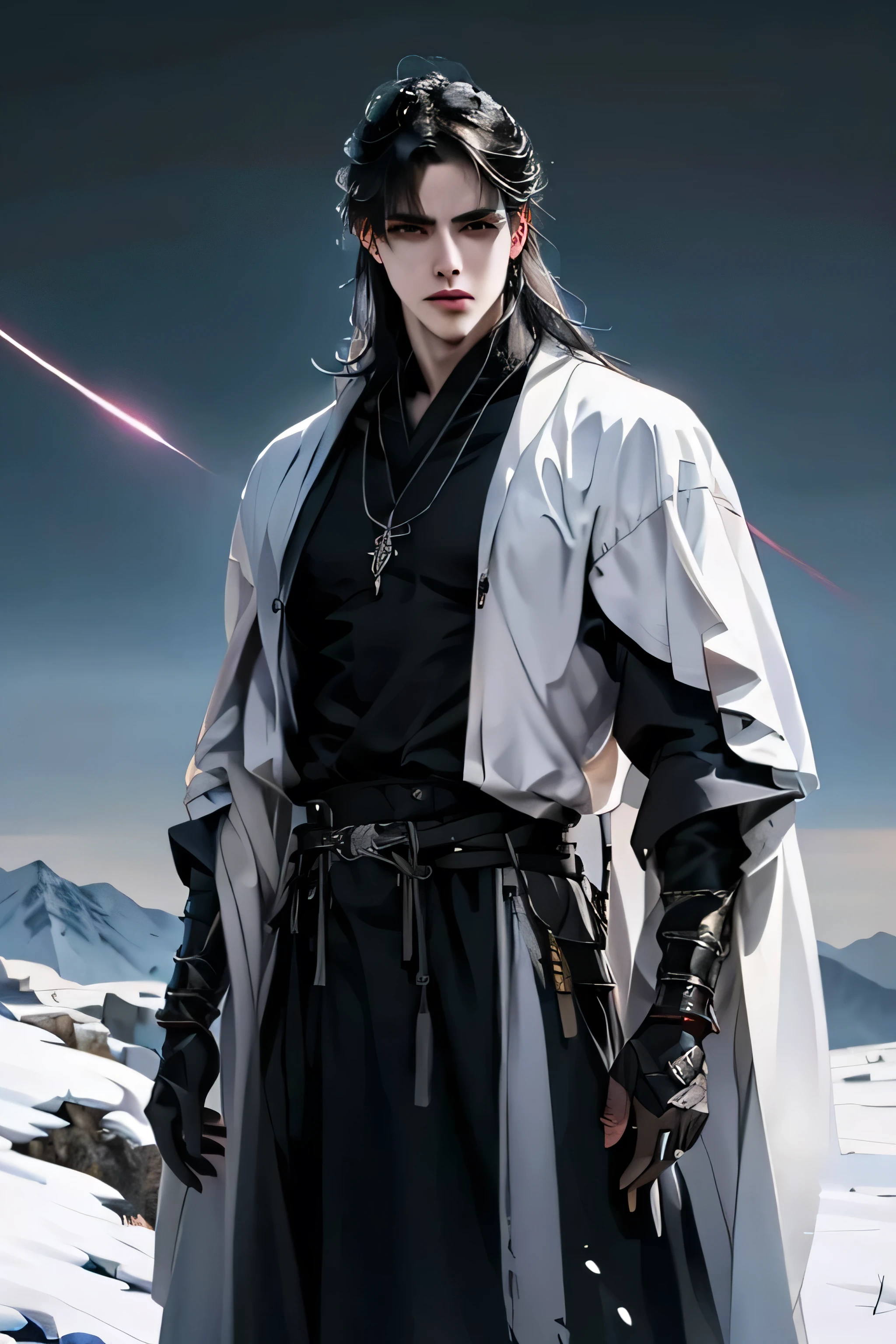 ((photorealistic))
Create an photorealistic illustration of Damon Nightshade, a 19-year-old young man with a hauntingly handsome appearance. Damon has striking features, including jet-black hair that falls in tousled waves, complementing his piercing black eyes. His facial expression should convey a very sad personality, reflecting an introverted and contemplative nature. his long hair is loosely tied on the back.
Damon possesses an alluring attractiveness, with tall and broad shoulders accentuating his lean body. His skin has a pale color, adding an ethereal and mysterious quality to his overall appearance. The character radiates a quiet bravery, suggesting strength beneath the melancholy exterior.
Damon is wearing a white shirt and white robe. he's gazing into the distance. ((he's wearing a black vision goggle.))
Set the scene against a mountain top covered with thick white snow. there is meteor shower dropping fireballs on to the ground. fire rains down the sky.
Feel free to play with composition and lighting to evoke a sense of loneliness, bravery, and introspection in this captivating character.