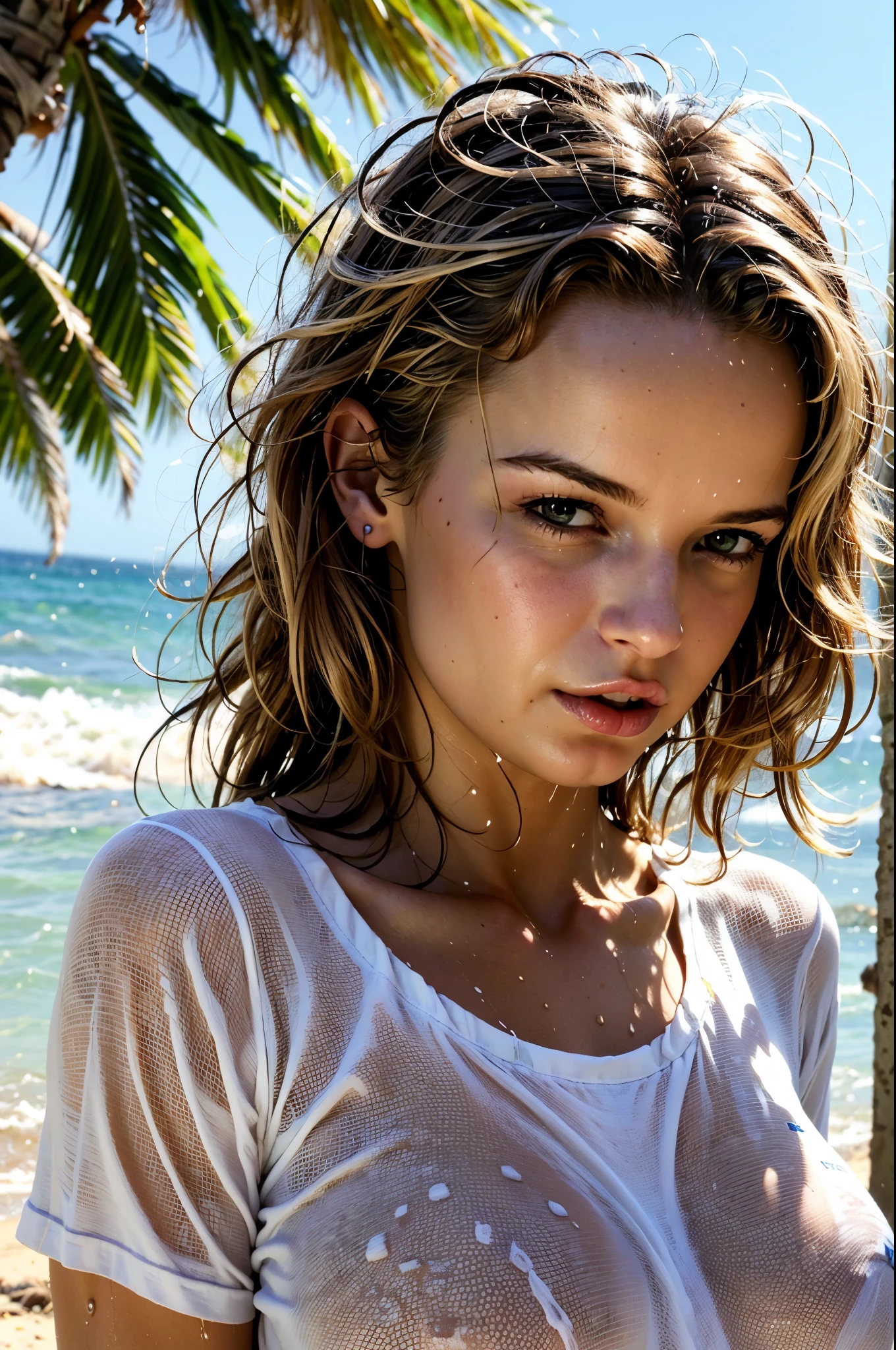 wet tshirt competition, renata daninskya wet female figure, wearing a white t-shirt, hair wet and disheveled, detailed facial features, professional photography, 4k, ultra-detailed, photorealistic, sunny outdoors, near the sea