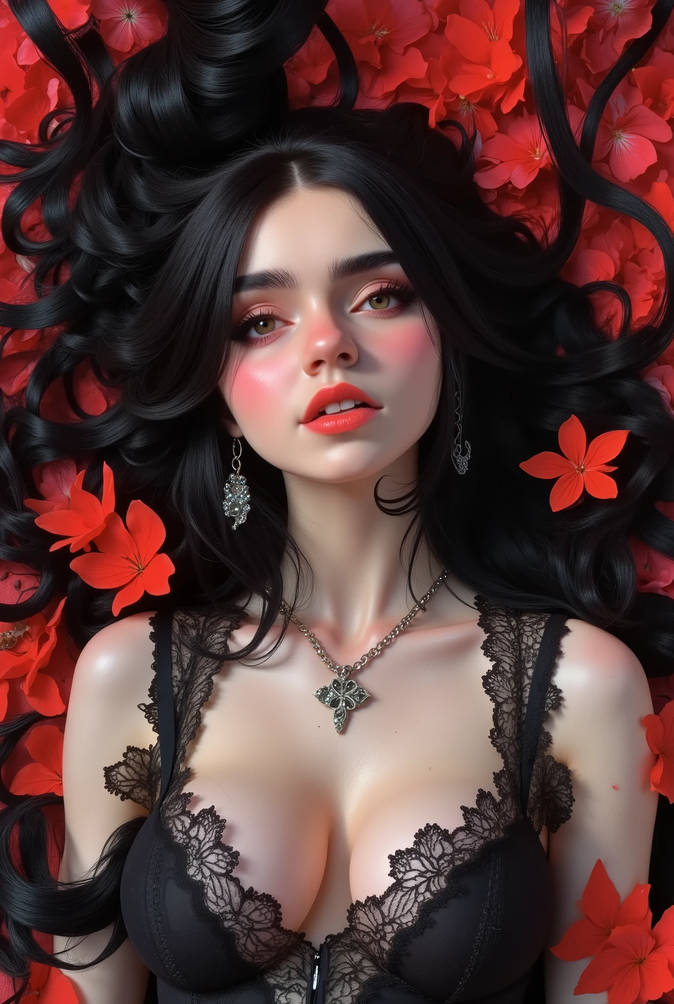 Em uma cena cinematográfica e hiper-realista, twings, chicas, chubby bodies, woman fixing a broken robot of a woman, fixing electronic, red petals , cowboy shot, perfect eyes, holding tools, perfect body, slim athletic body, beautiful detailed face, detailed skin, pale white skin, long hair, perfect natural , silicone body , doll, silicone doll