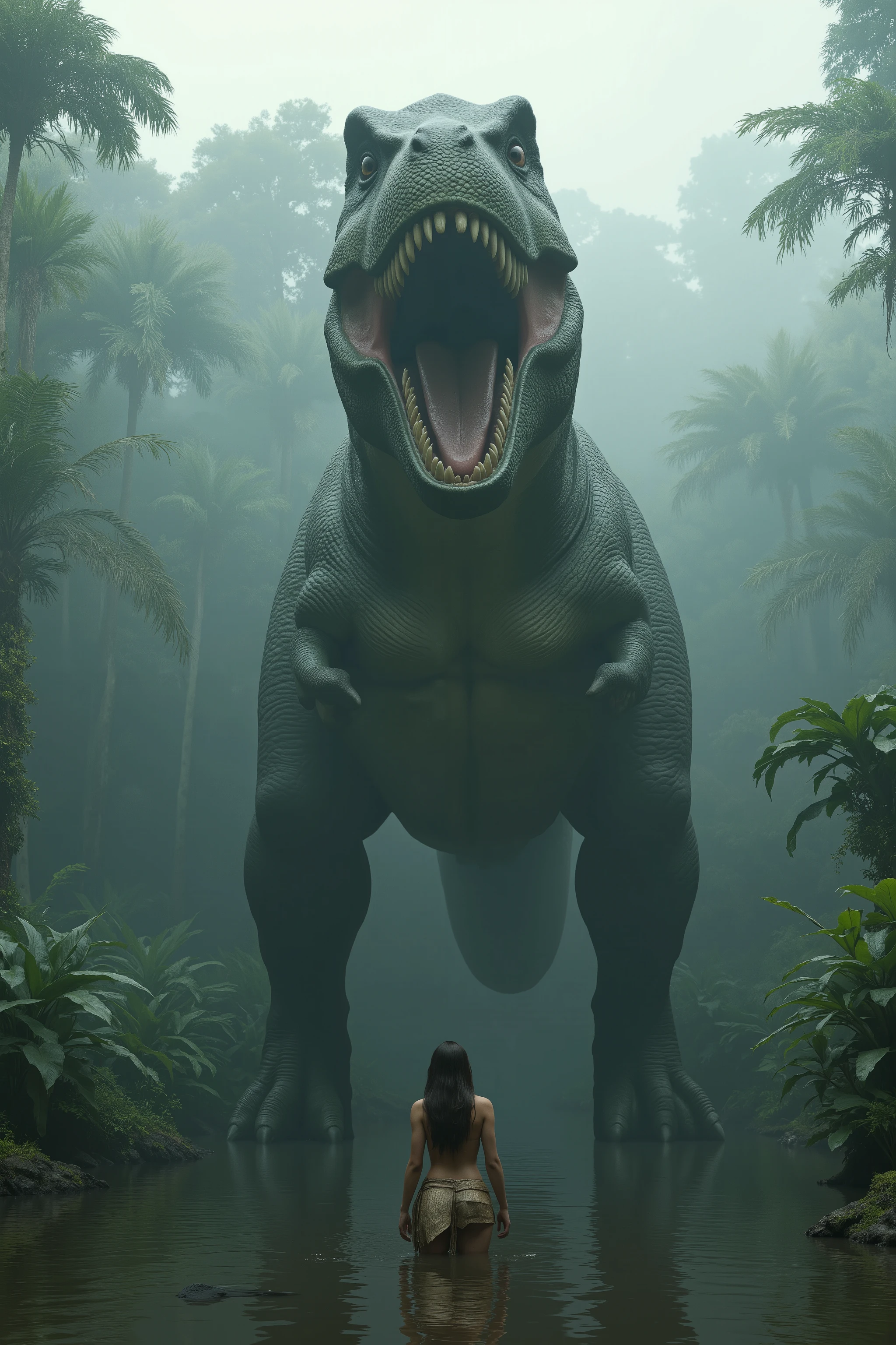 Ultra-realistic, photo-realistic, ultra-detailed, physically-based rendering, in a misty primordial forest, a towering Tyrannosaurus rex dominates the scene, its massive mouth open wide, revealing sharp, menacing teeth. The dinosaur's textured skin is a dark shade of green, blending seamlessly with the lush vegetation surrounding it. Opposite the creature stands a lone cavewoman of approximately 20 years old, her back to the viewer. She wears minimal clothing—a makeshift skirt constructed from woven animal skins—and her long hair cascades down past her waist. The water in which she stands reaches her calves, adding a reflective sheen to the earth-toned surroundings. Her posture is tense, as she confronts this prehistorically imposing figure, capturing a moment of raw fear and awe. The atmosphere is thick with humid anticipation, set under a diffuse and overcast light, hinting at early morning or late evening in this prehistoric paradise. A young cavewoman in the water with a gigantic T Rex standing in front of her, movie still 8k, still from a live action movie, still from a fantasy movie, movie still, epic scene, epic vfx shot, adventure hyper realistic render, cinematic, cinematic photograph, concept art, jurassic image, highly detailed vfx scene, realistic cinematic shot