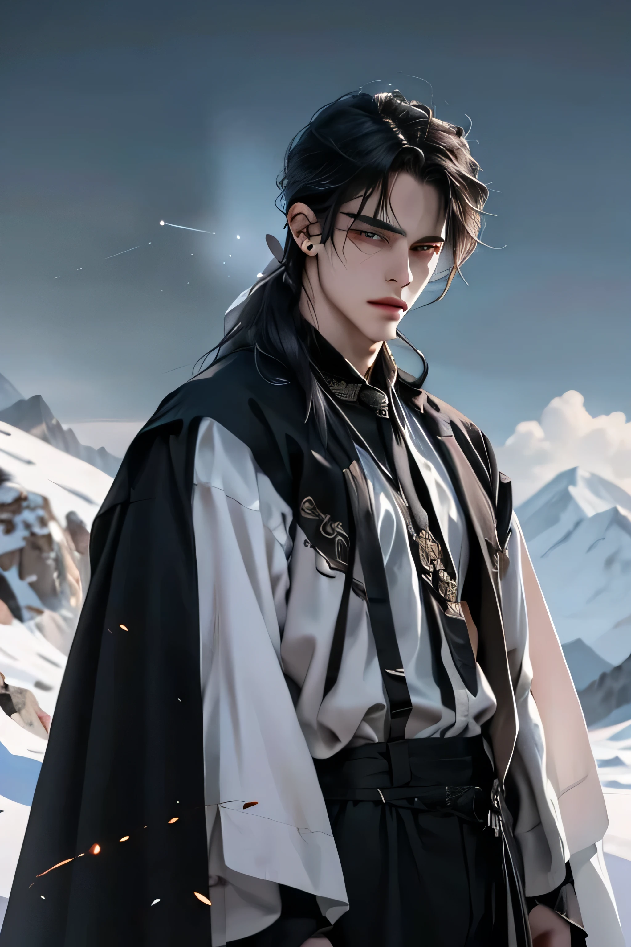 ((photorealistic))
Create an photorealistic illustration of Damon Nightshade, a 19-year-old young man with a hauntingly handsome appearance. Damon has striking features, including jet-black hair that falls in tousled waves, complementing his piercing black eyes. His facial expression should convey a very sad personality, reflecting an introverted and contemplative nature. his long hair is loosely tied on the back.
Damon possesses an alluring attractiveness, with tall and broad shoulders accentuating his lean body. His skin has a pale color, adding an ethereal and mysterious quality to his overall appearance. The character radiates a quiet bravery, suggesting strength beneath the melancholy exterior.
Damon is wearing a white shirt and white robe. ((he wears a black cloth ribbon over both his eyes))
Set the scene against a mountain top covered with thick white snow. there is meteor shower dropping fireballs on to the ground. fire rains down the sky.
Feel free to play with composition and lighting to evoke a sense of loneliness, bravery, and introspection in this captivating character.