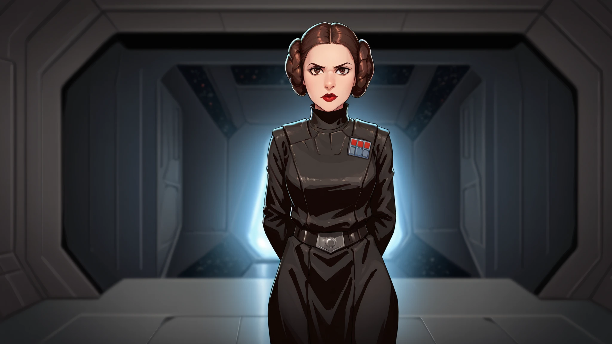 death star interior space station style,1woman, Imperial officer wearing a (black) uniform, masterpiece, best quality, princessleia, 1girl, solo, brown hair, hair buns, brown eyes, standing at attention, looking at viewer, depth of field, hands behind back, red lipstick, star_wars, stern expression