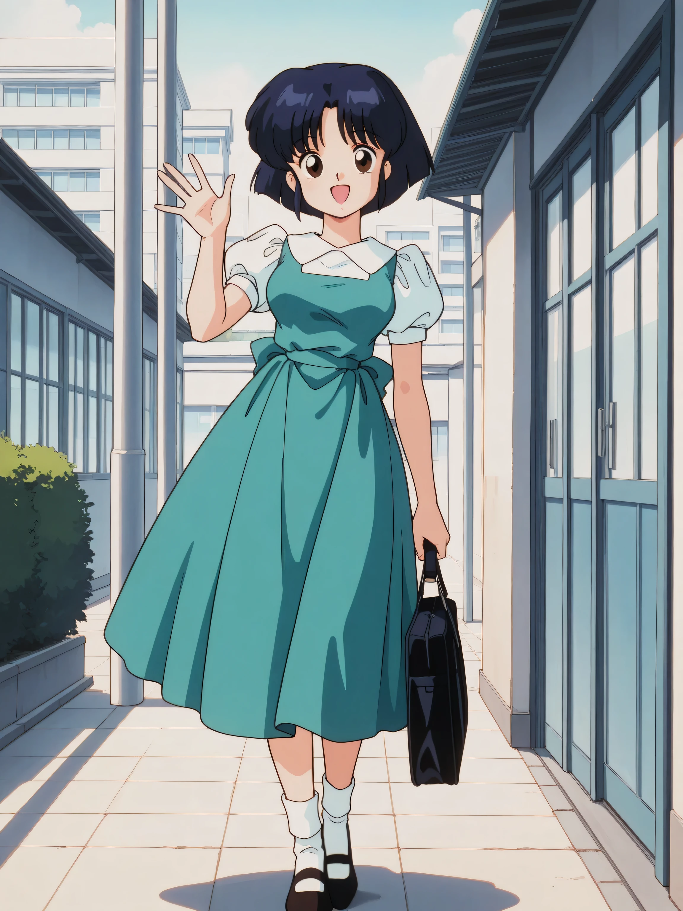 masterpiece, best quality, newest, absurdres, highres, detailed eyes, beautiful, detailed background, perfect eyes, anime coloring, masterpiece, best quality, newest, absurdres, highres, detailed eyes, beautiful, detailed background, perfect eyes, anime coloring, retro artstyle, 1990s \(style\), 1girl, solo, tendou akane, black hair, short hair, brown eyes, medium breasts, dark blue hair, short hair, bangs, fuurinkan high school uniform, white shirt, puffy short sleeves, green dress, white socks, black footwear, looking at viewer, smile, open mouth, holding black school bag, (outdoors, school building, entrance, waving), <lora:4k4n3_rnm-08:0.8>