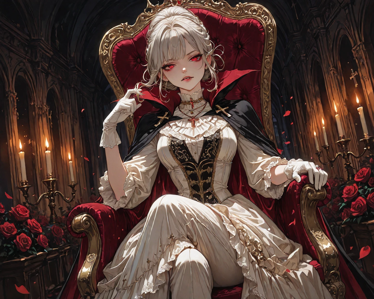 Full body portrait，Low Angle View，A  and charming woman sits on the throne on top of a pile of skulls，Wearing gorgeous and exquisite accessories and heavy black and red armor，Golden crown，gem，Luminescence，Luminescence特效，Bronzed skin，Golden Eyes，Snow-white hair，Long legs，Boots，Oil painting effect，Snapshot aesthetic style ， Extreme detail，Rich details，OC Renderer，8K，Super Fine，Hyperrealism，masterpiece，Rich in details