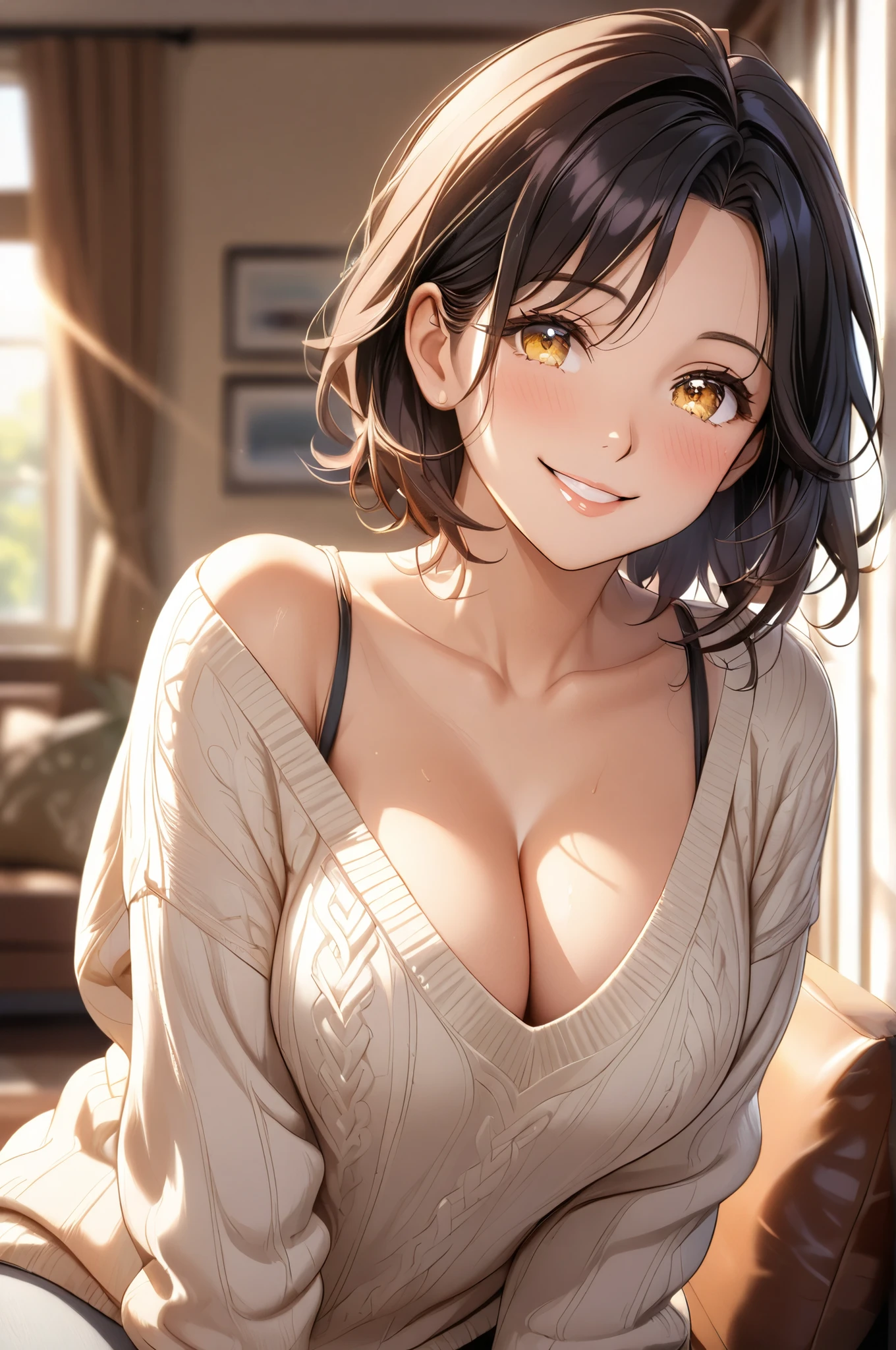 (High quality, High resolution, Fine details), cozy living room, filled soft natural light, sunlight filters gently through the windows, loose V-neck sweater, sweater drapes casually, mole in the cleavage, Focus on the cleavage, solo, curvy mature woman, black hair, sparkling eyes, (Detailed eyes:1.2), smile, blush, Sweat, Oily skin, Bokeh, Soft tones, shallow depth of field