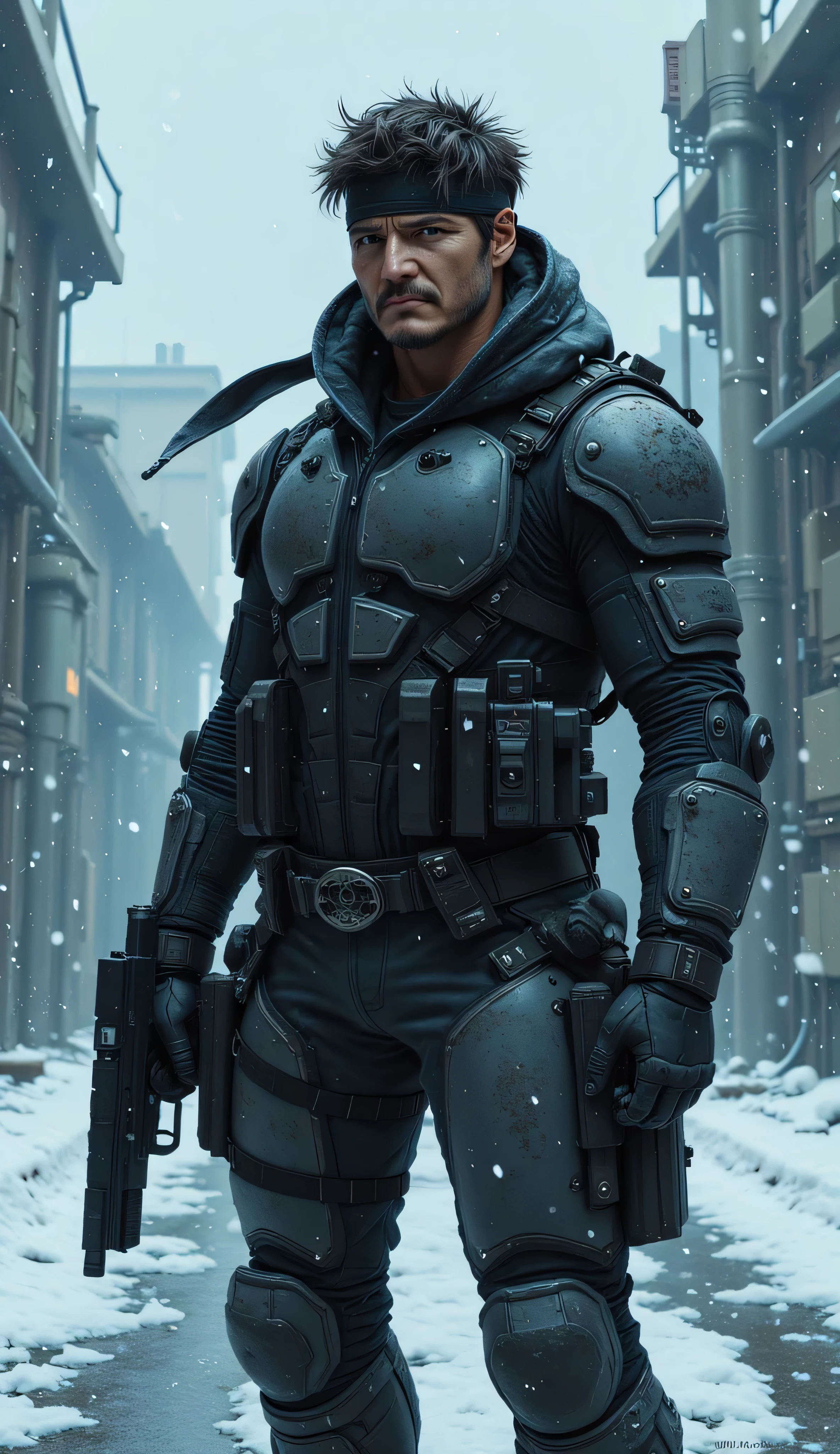 Pedro Pascal as Solid Snake, gritty, highly detailed, digital painting, futuristic special forces operative, standing, snowy industrial environment, rugged and stoic expression, spiky hair, black tactical headband flowing in the wind, wears a dark grey and black stealth combat suit, armored plating on the shoulders and arms, muscular build, form-fitting suit, reinforced with tactical belts, pouches, holstered pistol on his thigh, holds a large black handgun in one hand, cold snowy military complex, falling snow, blue-green color tone, moody and cinematic lighting, strong shadows, painterly semi-realistic style, concept art, video game cover, dynamic pose, heroic framing, intense atmosphere
