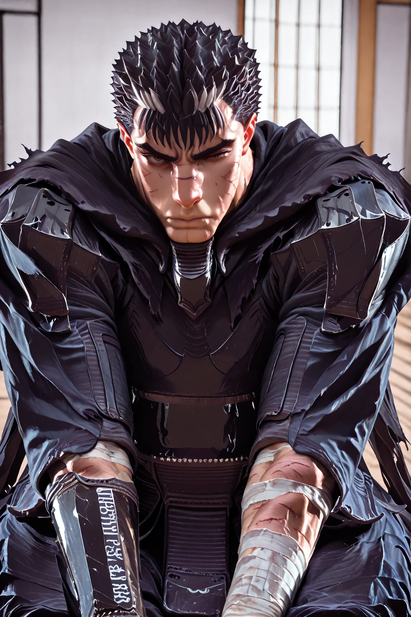 guts_Armor, brown eyes, short hair, , Spiky Hair, Black Armor, shoulder pads, gauntlet, Shin guards, bandaged arms, black cloak, torn cloak, Scars on the nose , Close one eye, Muscular Male,guts, , , Artistic features, Artistic perfection,The kimono at the kendo hall、 semi-real 、Delicate,masterpiece,Highest Quality,detail,high resolution,high resolution,4K,8k,beautiful artwork,watercolor, BREAK, soft, creates a dreamy, brittle look with faint lines and bright colors、竹刀を持つ、剣道着、