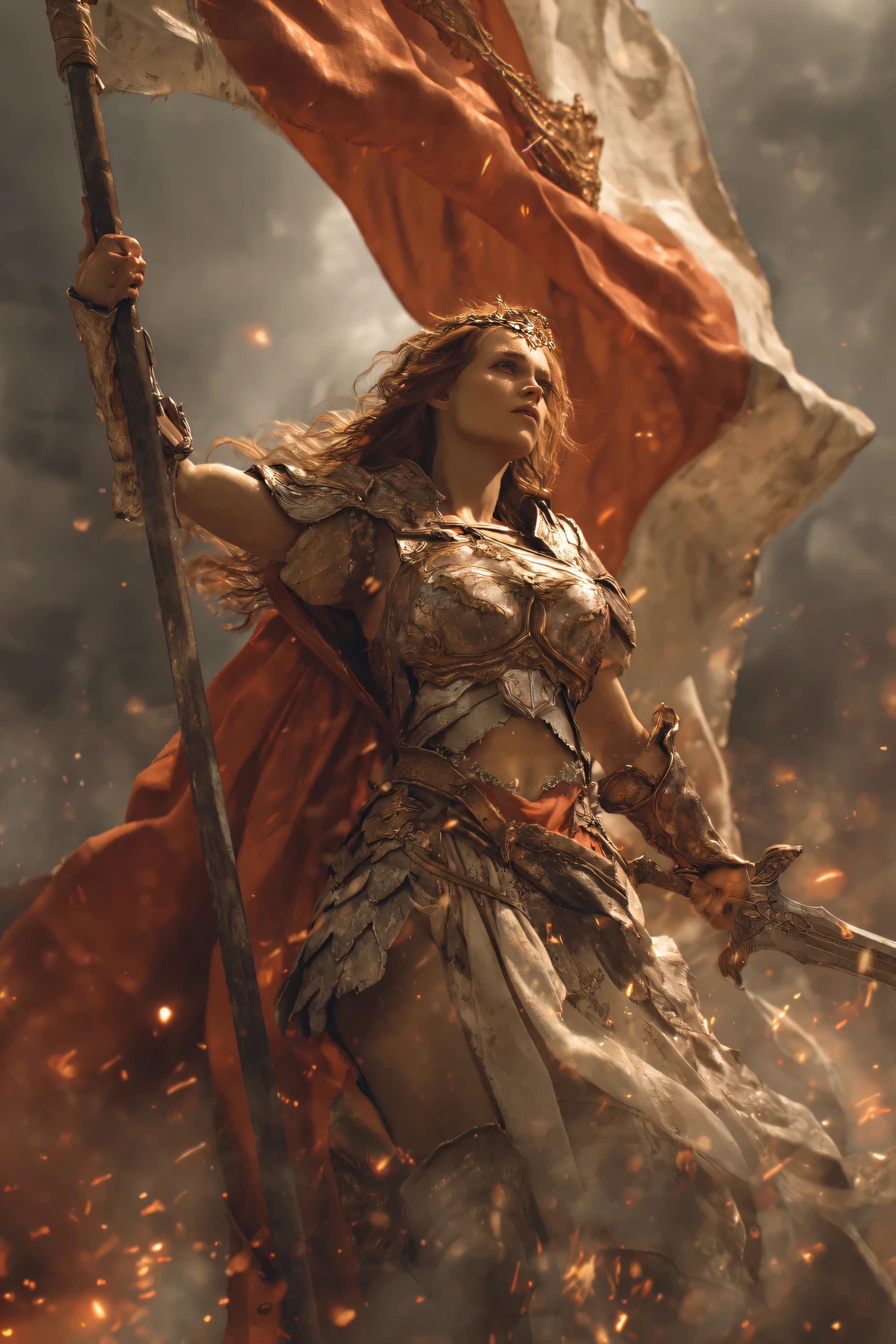 masterpiece, best quality, 8k wallpaper, semi-realistic anime style, a defiant warrior princess slashing a royal banner with her sword, the torn flag fluttering as flames and rebellion unfold in the background, she stares forward with fierce determination, wearing a battle-modified royal dress with partial armor and a flowing cape, POV perspective, intense cinematic lighting, embers in the air, smoke and fire behind her, dramatic composition