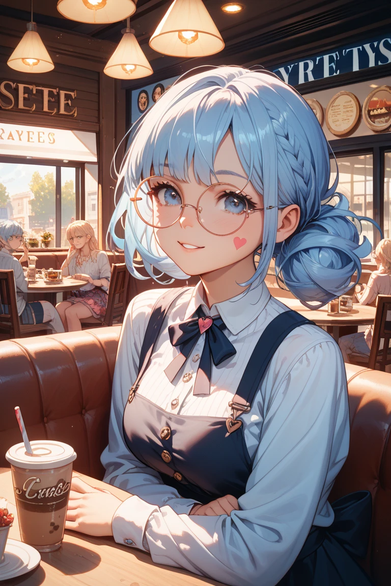 Anime girl with blue hair sitting at a table with a cup of coffee ...