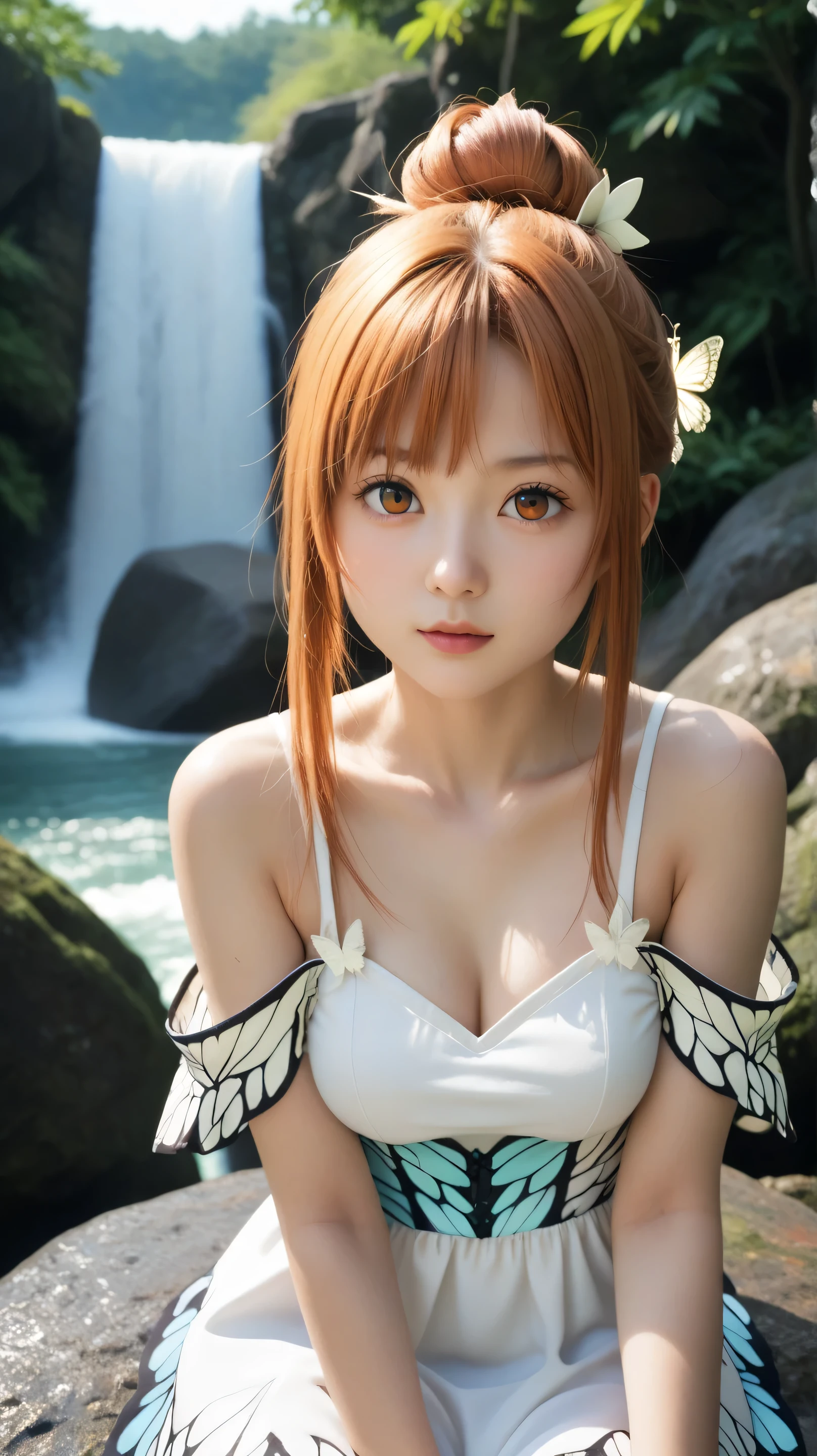 1girl, solo,asuna yuuki,orange eyes,orange hair,outdoors,potrait,forest,medium breast,(waterfall background:1.4),uder waterfall,(wear white butterfly dress:1.5),(Bangs:1.3),parted bangs,close up,sitting on Boulder,hair ribbon,(hair bun:1.5),black glove, bare shoulders,front view,close up