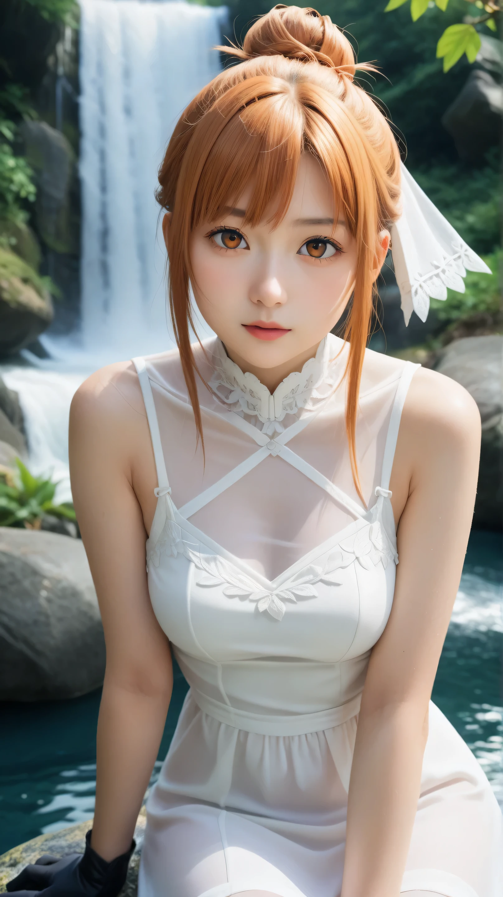 1girl, solo,asuna yuuki,orange eyes,orange hair,outdoors,potrait,forest,medium breast,(waterfall background:1.4),uder waterfall,(wear white sheer dress:1.5),(Bangs:1.3),parted bangs,close up,sitting on Boulder,hair ribbon,(hair bun:1.5),black glove, bare shoulders,front view,close up