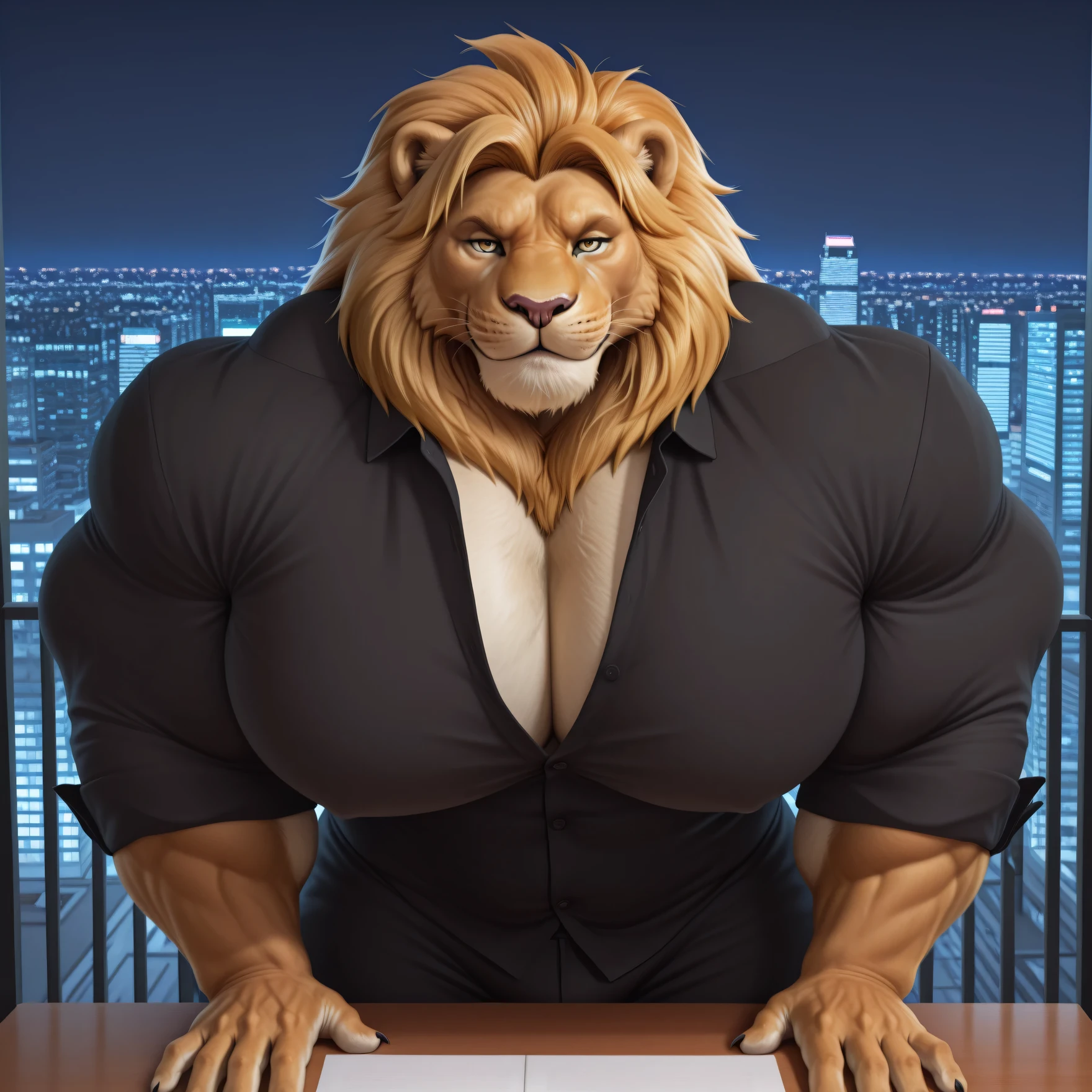 masterpiece, best quality, amazing quality, high quality, semi realistic, furry, 1boy, lion, white body, yellow mane, huge muscle, detailed background, solo, front view, looking at viewer, Upper view, Upper body view, arrogant face, black dress pants, black dress shirt, nice angle, penthouse, city background, hands on desk, leaning forward