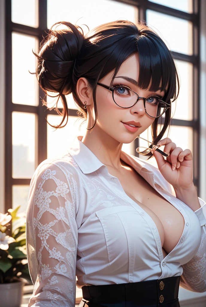 areola_slip, (hime_cut:1.0) long_hair, kimono, black_gloves, black_hair, cleavage, <lora:hime_cut-V1:0.99> smile, dark_skin, dark-skinned_female, glasses, <lora:Areolaslip:0.2> areola slip, beautiful, (masterpiece:1.2), (best quality:1.2)