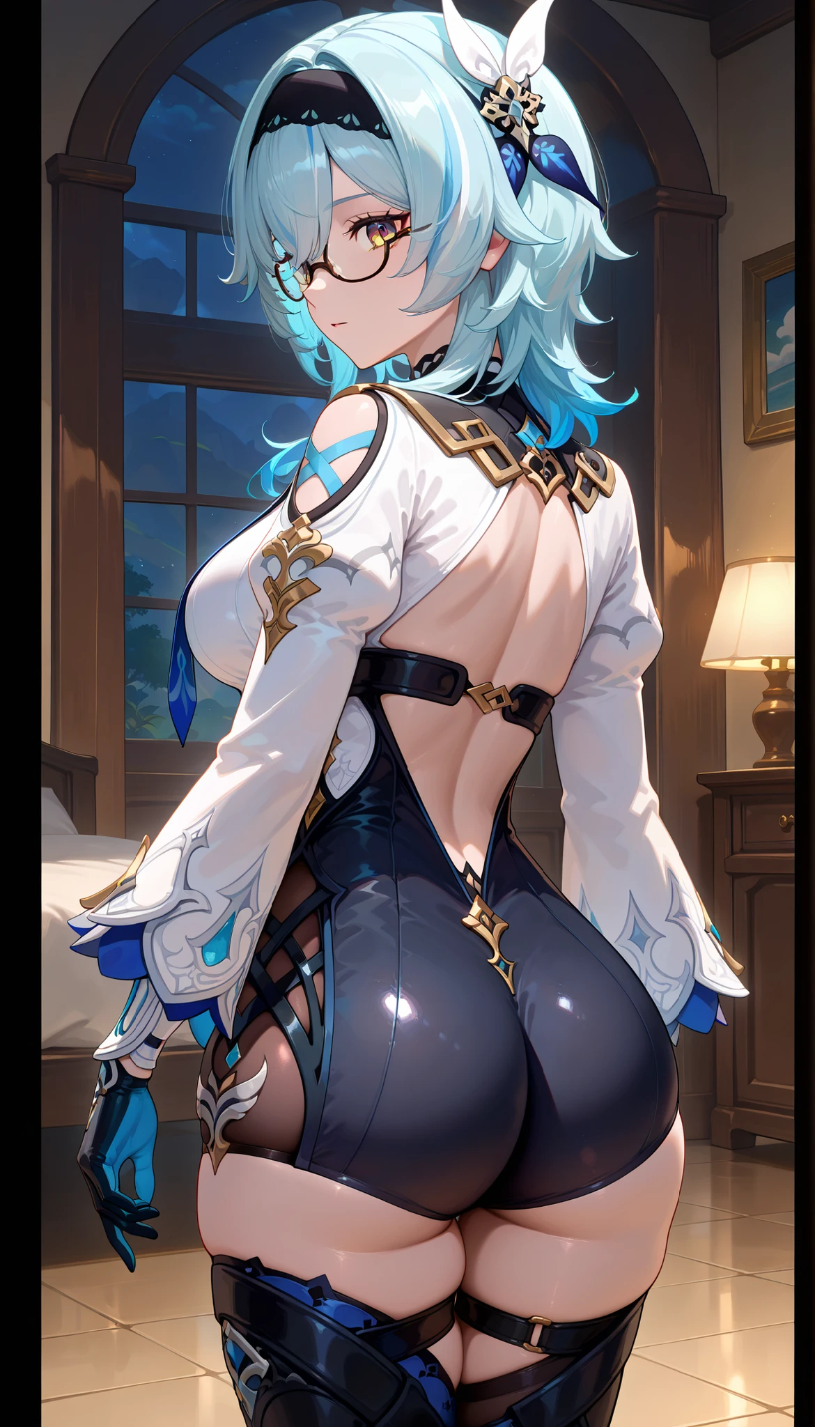 1girl, bangs, blue hair, blush, breasts, smug,eyebrows visible_through hair, hair between eyes, large breasts, looking at viewer, castle background,lens flare,sunbeams,(short sleeves),solo, thighhighs,all fours,on knees,ass focus,(highleg),barehanded,(five fingers)