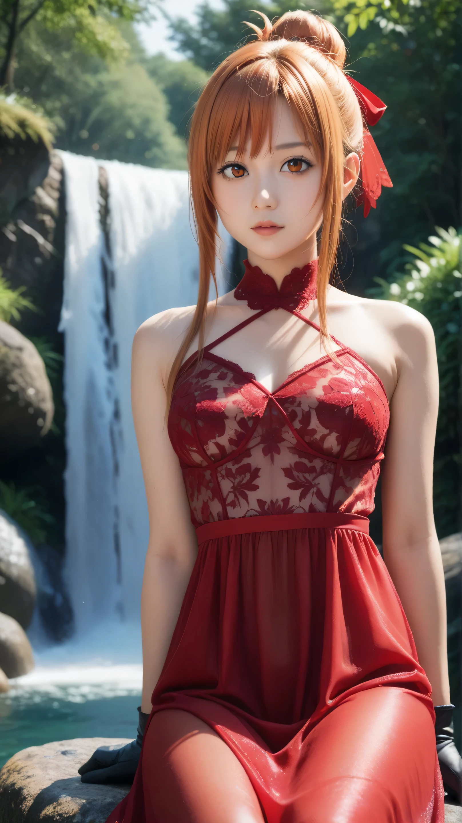 1girl, solo,asuna yuuki,orange eyes,orange hair,outdoors,potrait,forest,medium breast,(waterfall background:1.4),uder waterfall,(wear red sheer dress:1.5),(Bangs:1.3),parted bangs,close up,sitting on Boulder,hair ribbon,(hair bun:1.5),black glove, bare shoulders,front view,close up
