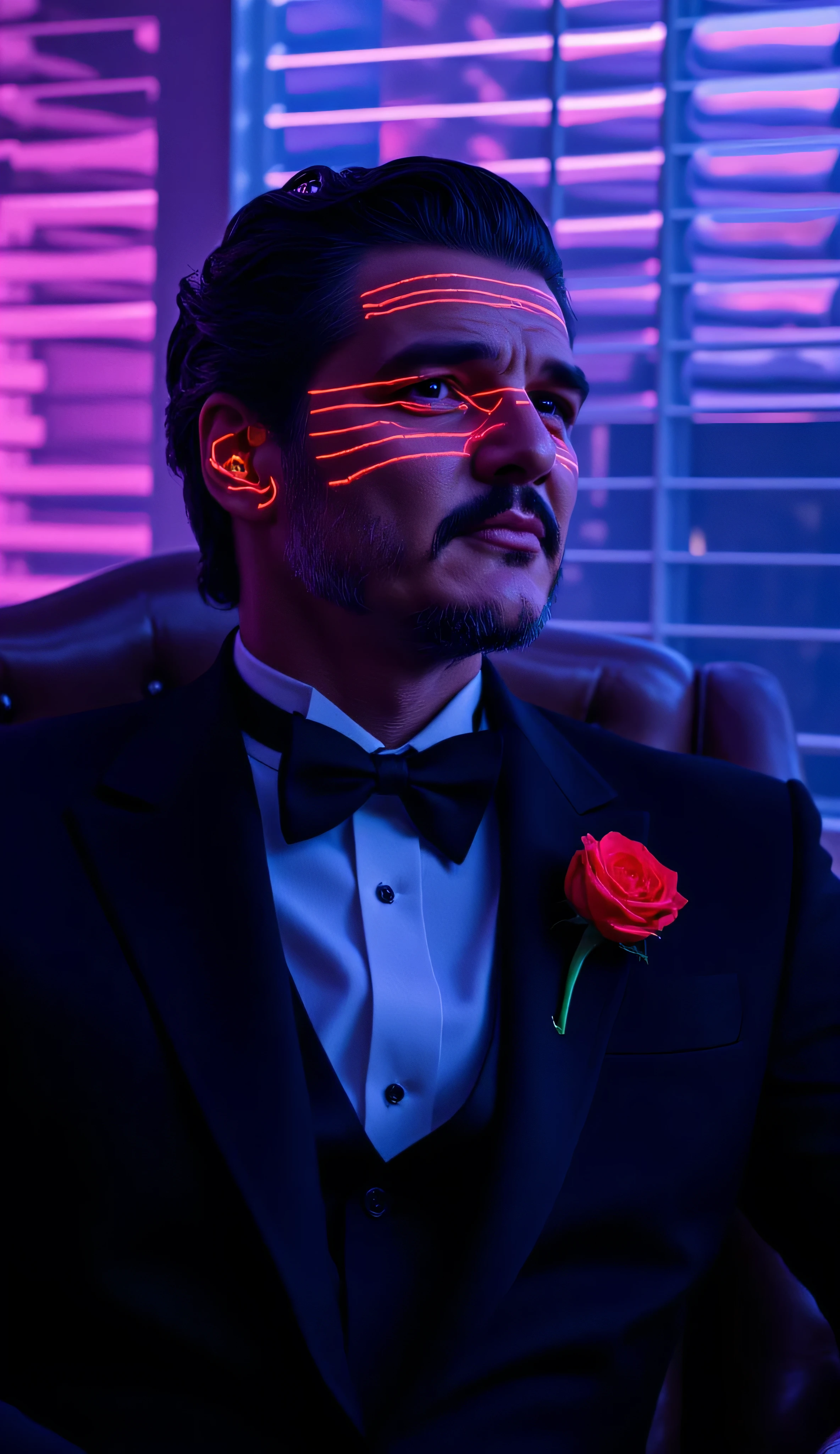 Pedro Pascal as Vito Corleone, The Godfather, cyberpunk style, sits, neon-lit futuristic mafia office, holographic Venetian blinds casting glowing blue and purple stripes across his face, black tuxedo is redesigned with sleek cybernetic elements, glowing red rose made of neon light on his lapel, calm and commanding expression, subtle cybernetic implants around his temple, smoky cinematic and futuristic atmosphere, Godfather aesthetic, Blade Runner cyberpunk vibes