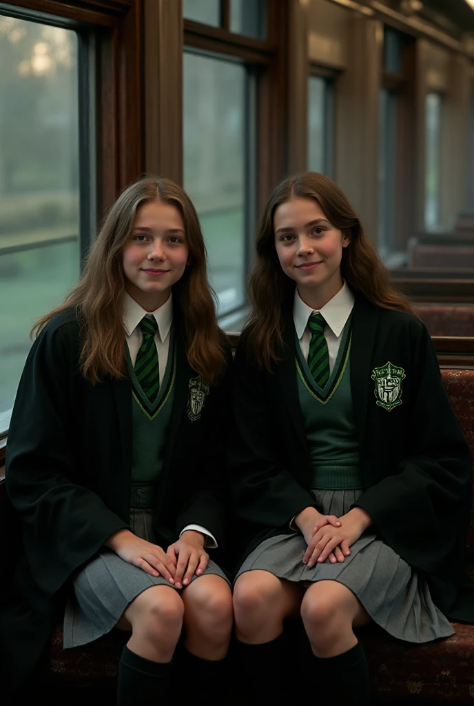Emma Watson wearing Hermione Granger Uniform from harry potter and Daniel Radcliffe wearing Gryffindor uniform. they both sit on a bus driver cockpit smiling and Emma Watson is holding the steering wheel. There is window on the bus, the window on the bus have hogwarts castle in the background. There is some magic items in the bus cockpit as well