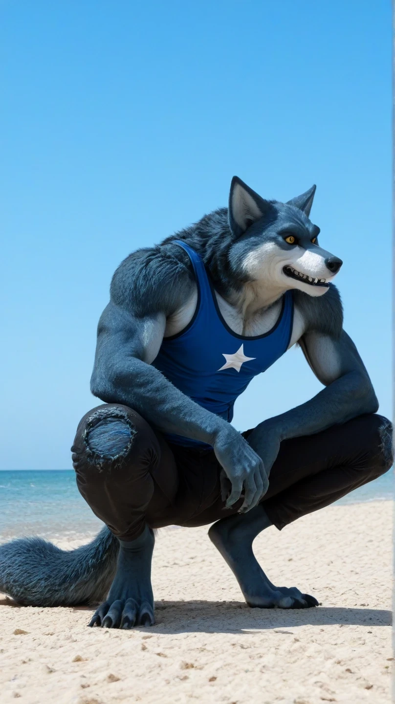 Male blue werewolf, blue tank top, white star print, furry,  squatting in the front, squatting , on the outside, cuerpo completo, wolf tail , looking at the spectator,  amber eyes , anthropomorphic wolf, in front al espectador , in front, vista frontal , Ripped and tight pants, on the beach,  sky blue, Blue Sea,  sunny day, clawed feet, male werewolf