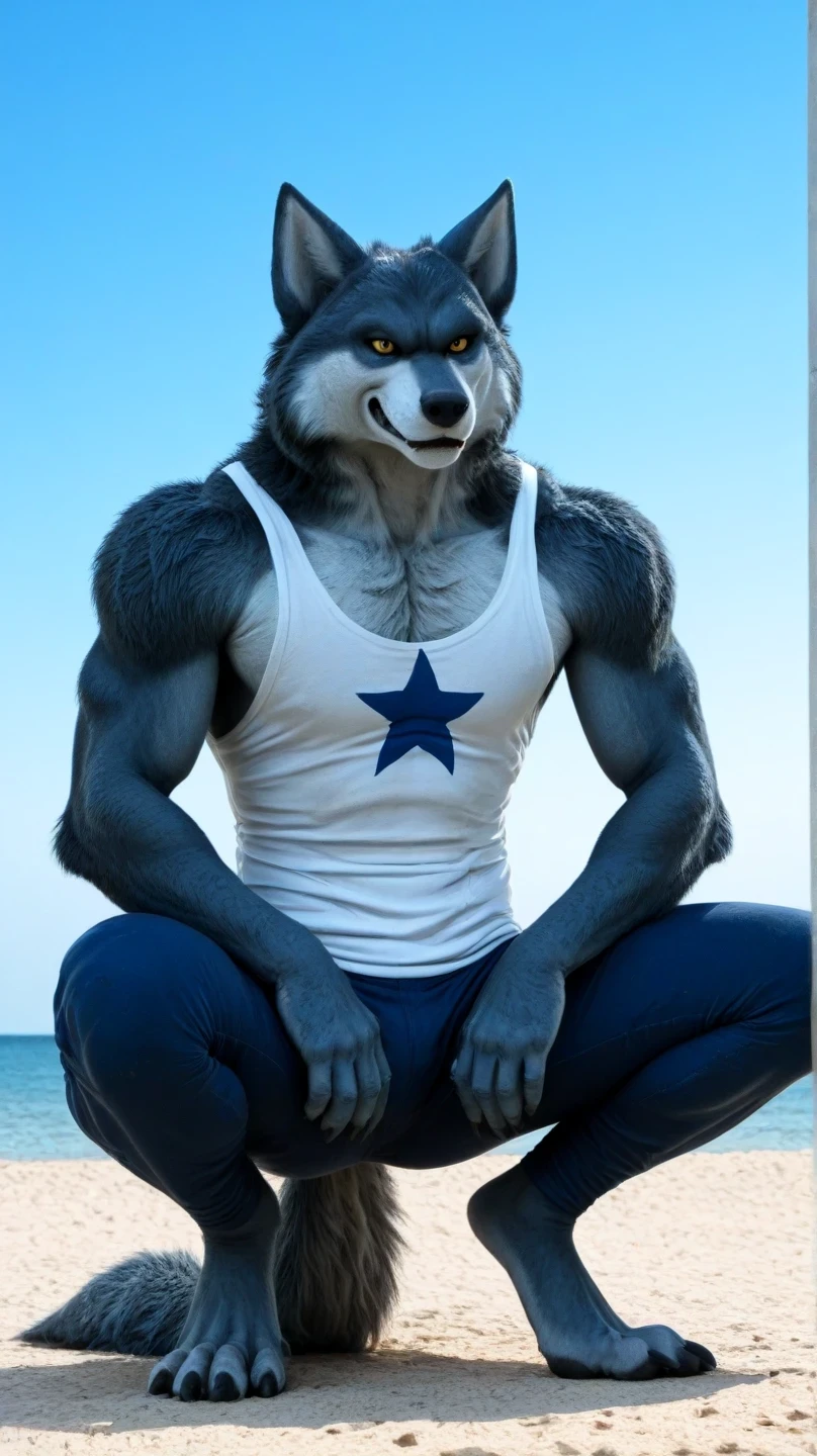 Male blue werewolf, white tank top, blue star print, furry,  squatting in the front, squatting , on the outside, cuerpo completo, wolf tail , looking at the spectator,  amber eyes , anthropomorphic wolf, in front al espectador , in front, vista frontal , blue shorts and tight pants,  on the beach,  sky blue, Blue Sea,  sunny day, clawed feet, male werewolf