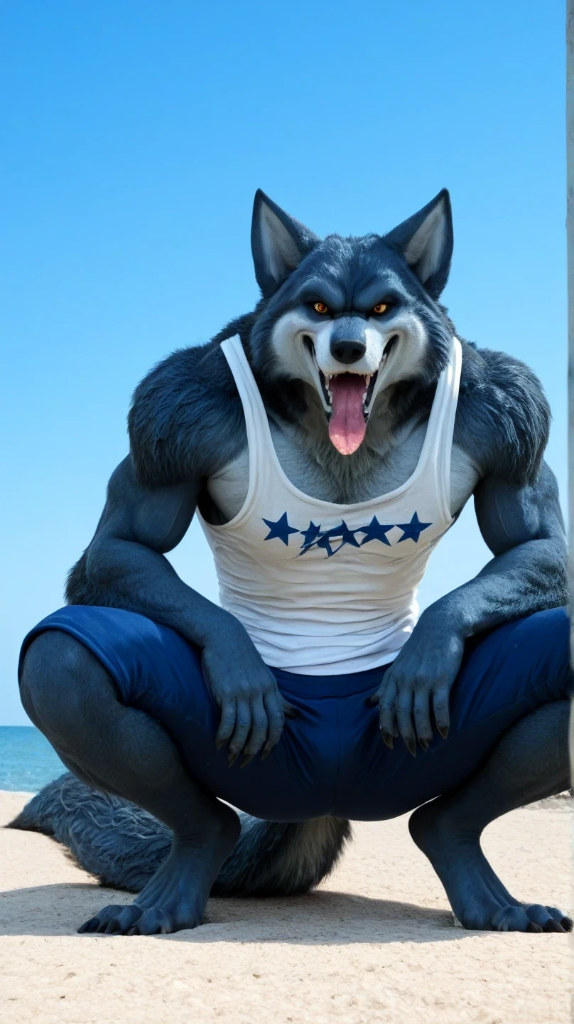 Male blue werewolf, white tank top, blue star print, furry,  squatting in the front, squatting , on the outside, cuerpo completo, wolf tail , looking at the spectator,  amber eyes , anthropomorphic wolf, in front al espectador , in front, vista frontal , blue shorts and tight pants,  on the beach,  sky blue, Blue Sea,  sunny day, clawed feet, male werewolf, sticking out the tongue, salivating