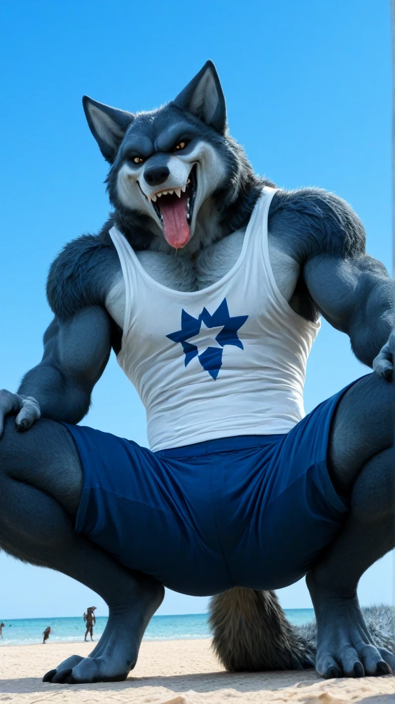 Male blue werewolf, white tank top, blue star print, furry,  squatting in the front, squatting , on the outside, cuerpo completo, wolf tail , looking at the spectator,  amber eyes , anthropomorphic wolf, in front al espectador , in front, vista frontal , blue shorts and tight pants,  on the beach,  sky blue, Blue Sea,  sunny day, clawed feet, male werewolf, sticking out the tongue, salivating,  from below, perspectiva from below