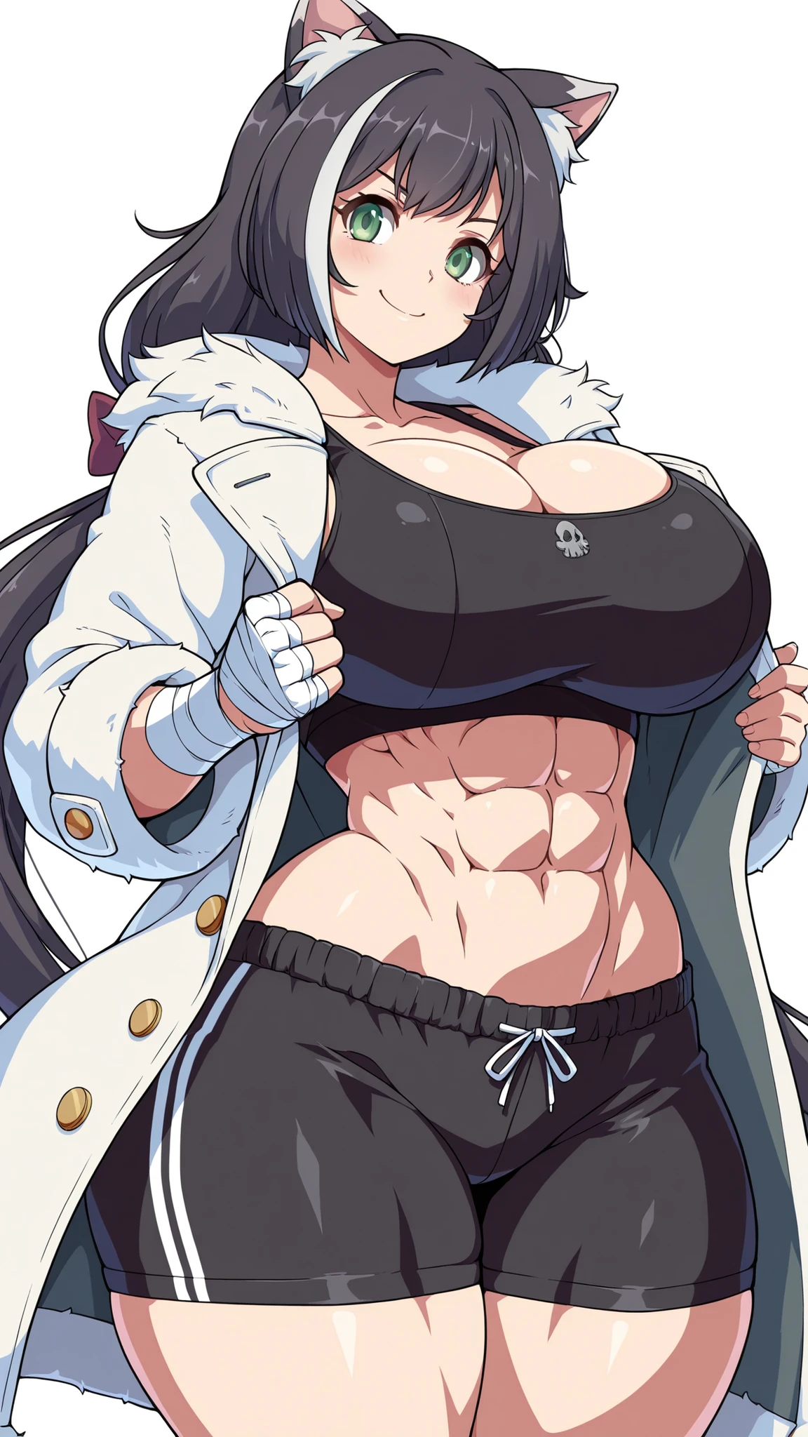 White background, source_anime, Princess Connect!, Karyl, solo, 1girl, curvy, voluptuous body, extremely huge breasts, wide hips, thick thighs, smile, black hair, green eyes, six pack abs, standing, white fur coat, black sports bra, black shorts, hand wraps, Guilty Gear Strive artstyle