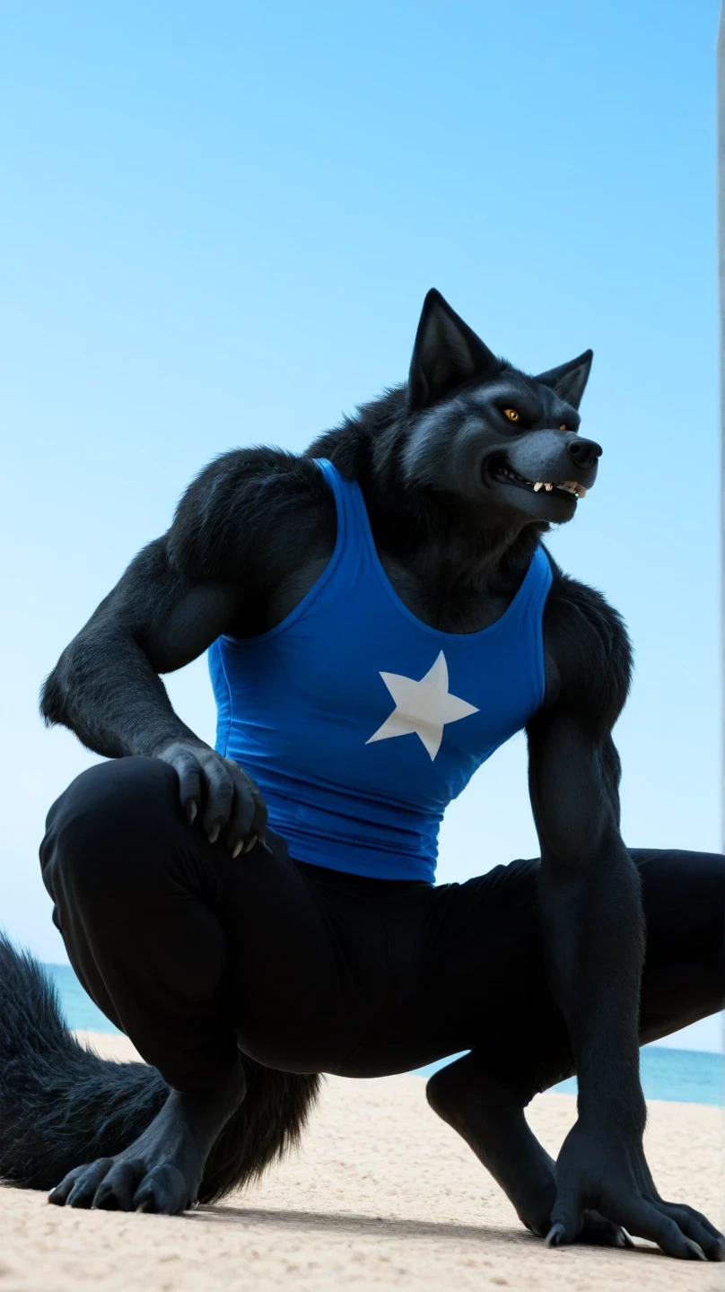 Male black werewolf, blue tank top, white star print, furry,  squatting in the front, squatting , on the outside, cuerpo completo, wolf tail , looking at the spectator, Dark black fur, amber eyes , anthropomorphic wolf, in front al espectador , in front, vista frontal , Ripped and tight pants, on the beach,  sky blue, Blue Sea,  sunny day, clawed feet, male werewolf, seen from below, perspective from below 