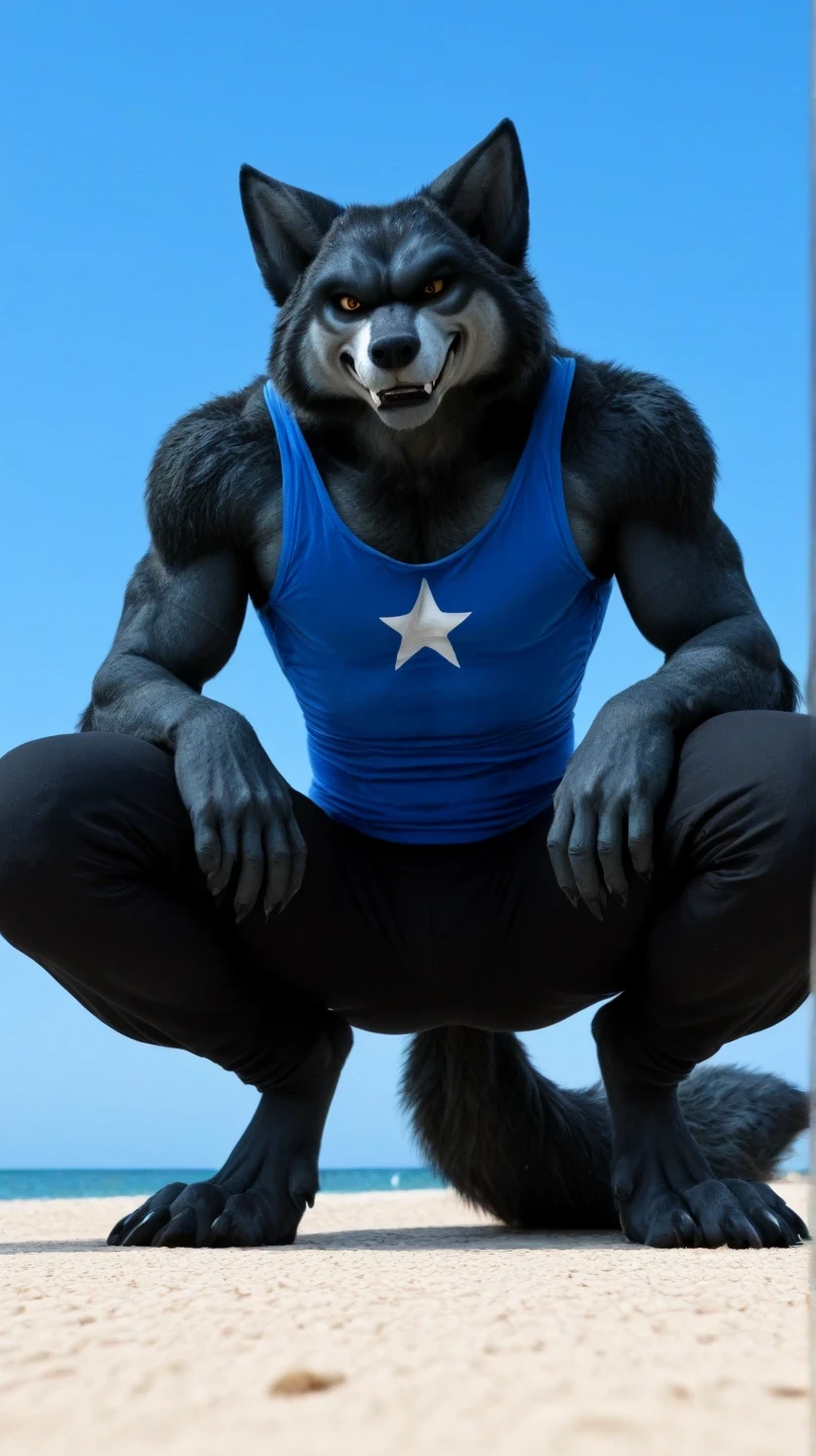 Male black werewolf, blue tank top, white star print, furry,  squatting in the front, squatting , on the outside, cuerpo completo, wolf tail , looking at the spectator, Dark black fur, amber eyes , anthropomorphic wolf, in front al espectador , in front, vista frontal , Ripped and tight pants, on the beach,  sky blue, Blue Sea,  sunny day, clawed feet, male werewolf, seen from below, perspective from below 