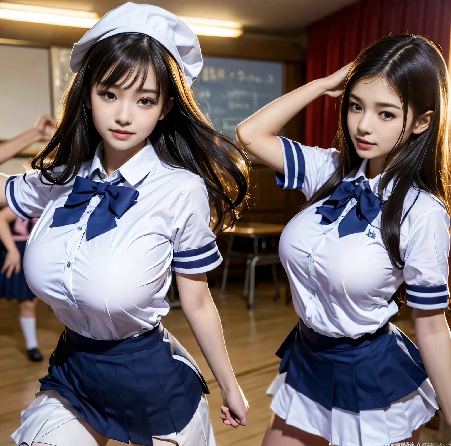 8K quality, Picture, 1 woman, ( Women are dancing in girls' high school uniforms:1.5), (The woman's breasts are in a high position and have round big breasts), Very big, 