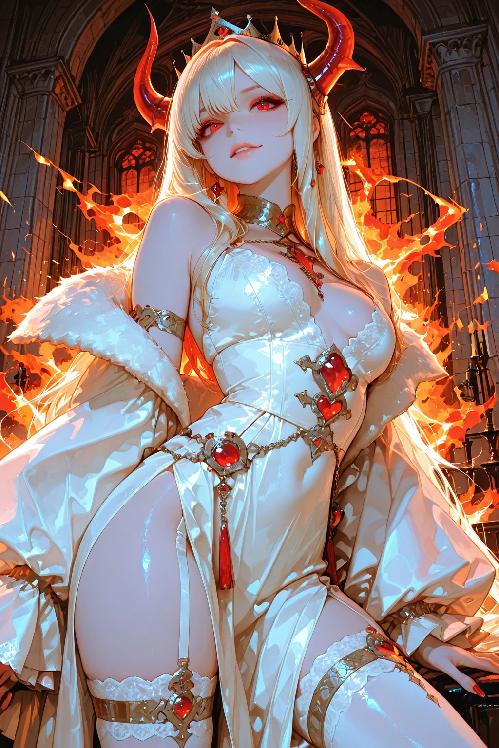 female devil with two horns, fire as background, White color hair, Off-the-shoulder attire, ???? dress, masterpiece, (high detail:1.1), Rough face, seductive, ???? pose, fashion model posing, ?????????????, Natural skin, high quality, ????, beautiful eyes, (Detailed face and eyes), (the face: 1 2), noises, Extra, real photograph, PSD, Lamp film photography, sharp focus, contrasty lighting, Delicate skin, High resolution 8K, insanely details, realistic-lying, professional photo shooting, 8K UHD, SLR camera, soft lighting, high high quality, film-grain, Fuji film XT3, showing a delicate slim figure and graceful curves, (beautiful long legs:1.3), (Delicate and detailed face and eyes, Delicate makeup:1.2),