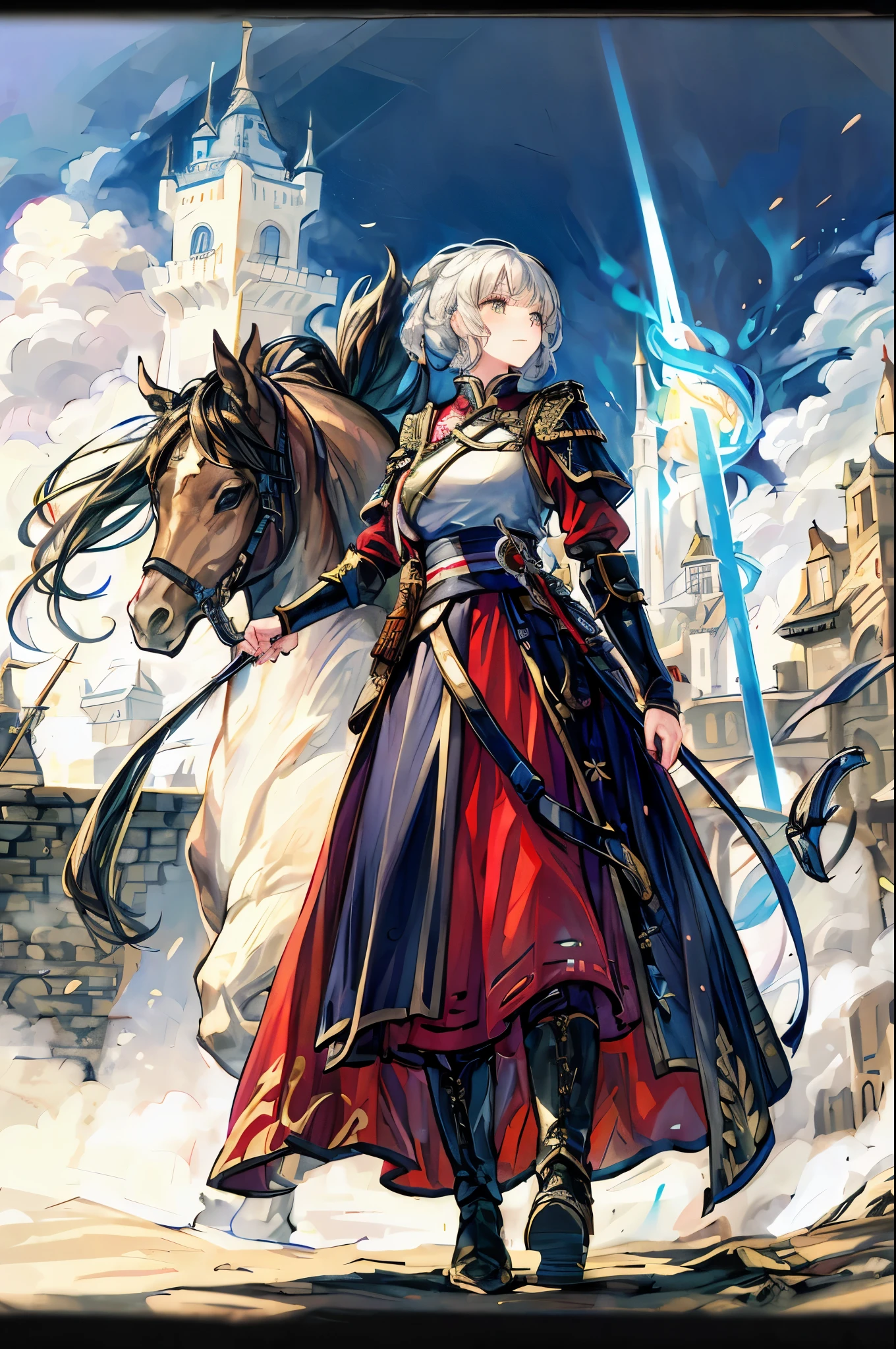 the castle is on fire、Dancing Fire Powder、Princess in the Land of Traitors、war between nations，槍force，Female commander，Charge，Female Knight，Battle ，Feeling Fast，Journey，is standing，Elegant attitude，Take command  ，Running Horse，，Proud to Be a General，素晴らしい軍事force，Large group，force，dusty ，Army's， ，enterprise ，separation，plain  ，cavalry，  almost， European-style castle