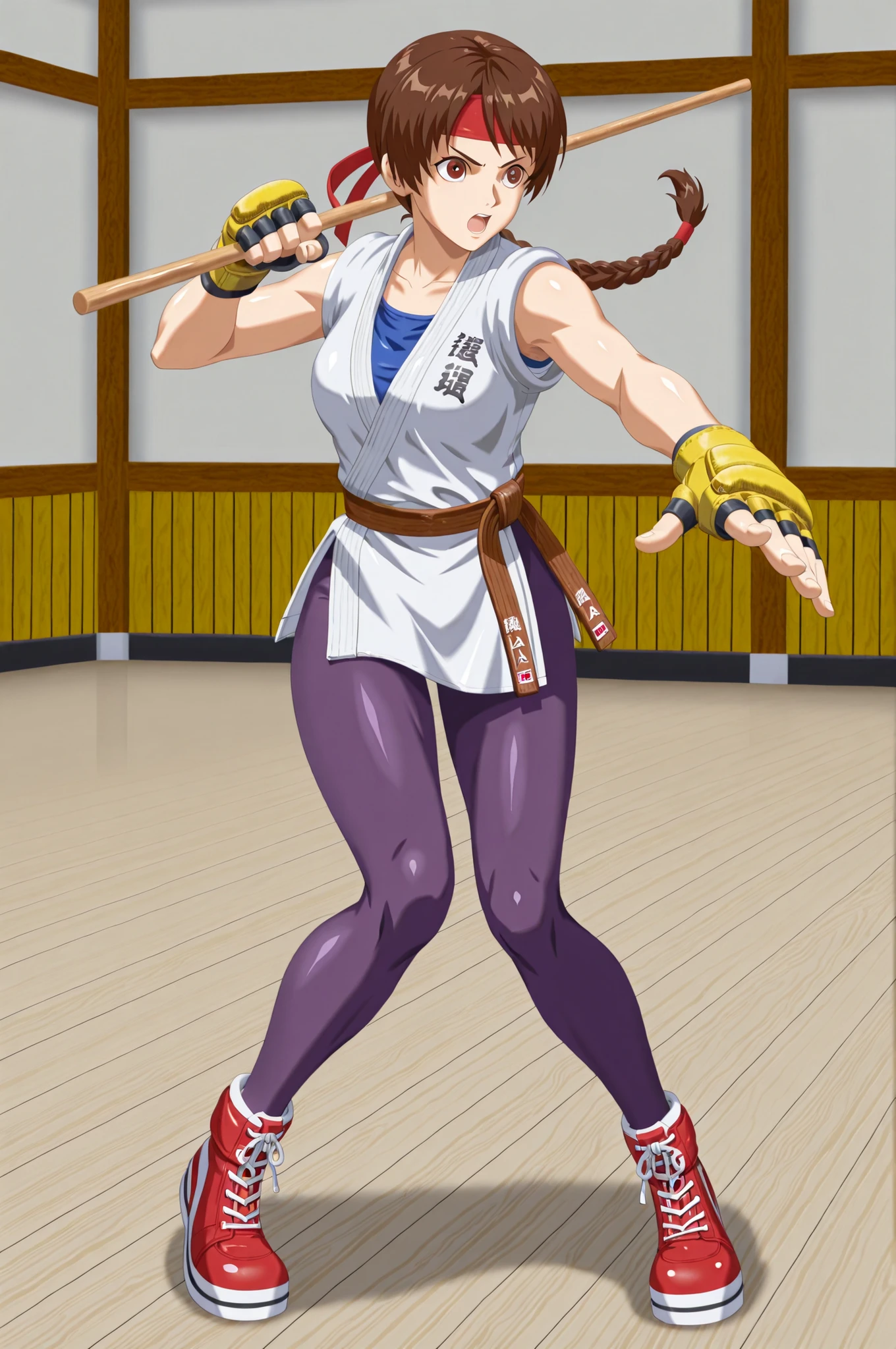 YRISKIKOF, brown hair, single braid, brown eyes, red headband, dougi, blue undershirt, yellow mma gloves, martial arts belt, purple leggings, red shoes, holding a wooden Kendo stick, action pose, alone, inside a dojo, in full view in a highly detailed anime style