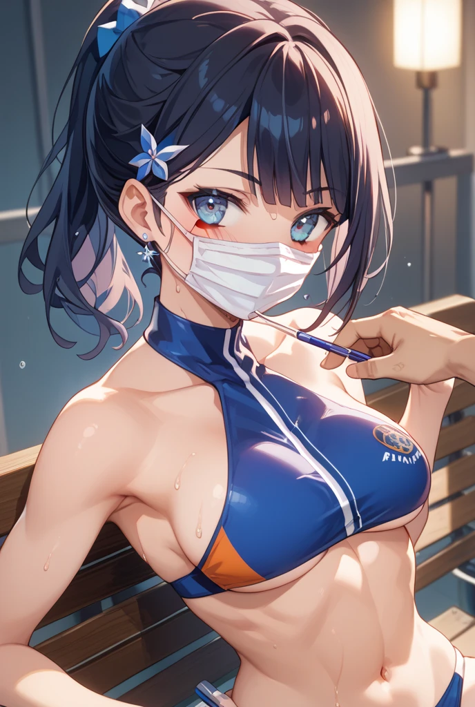 masterpiece,best quality,1girl,(solo),sssshass,black hair,surgical mask,blue eyes,bangs,short hair,folded ponytail,swimsuit,blue bikini,hooded jacket,expressionless,hands in pockets,looking away,against wall,night,dutch angle,<lora:Concept-control tool-add_detail-CyberAIchemist:0.9>,<lora:sssshass3:0.9>,