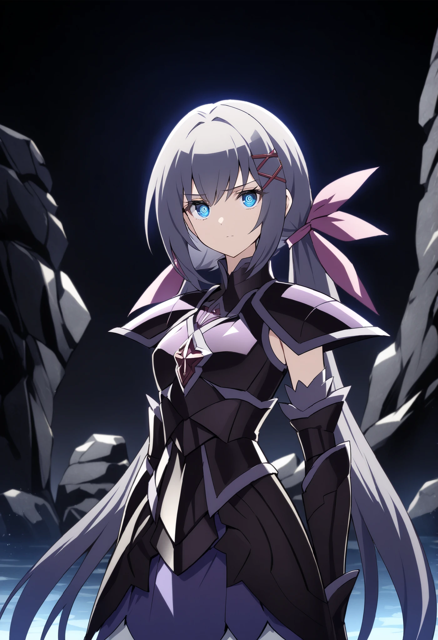 (high-quality, breathtaking),(expressive eyes, perfect face) Symmetrical Eyes, 1girl, female, solo, looking at viewer, black background, soft eerie blue lighting background, rock terrain background, Dark Purple Armor, trim, full plate armor, half body shot, solo, black armor, Specter, Dark Knights, strelitzia (kingdom hearts), x hair ornament, low twintails, hair ribbon