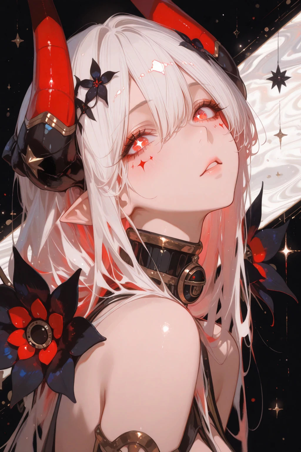 masterpiece, best quality, amazing quality, very aesthetic, high resolution, ultra-detailed, absurdres, newest, light red eyes, light red long hair, smooth hair, black flowers, demon girl, stars eyes, abstract, menace