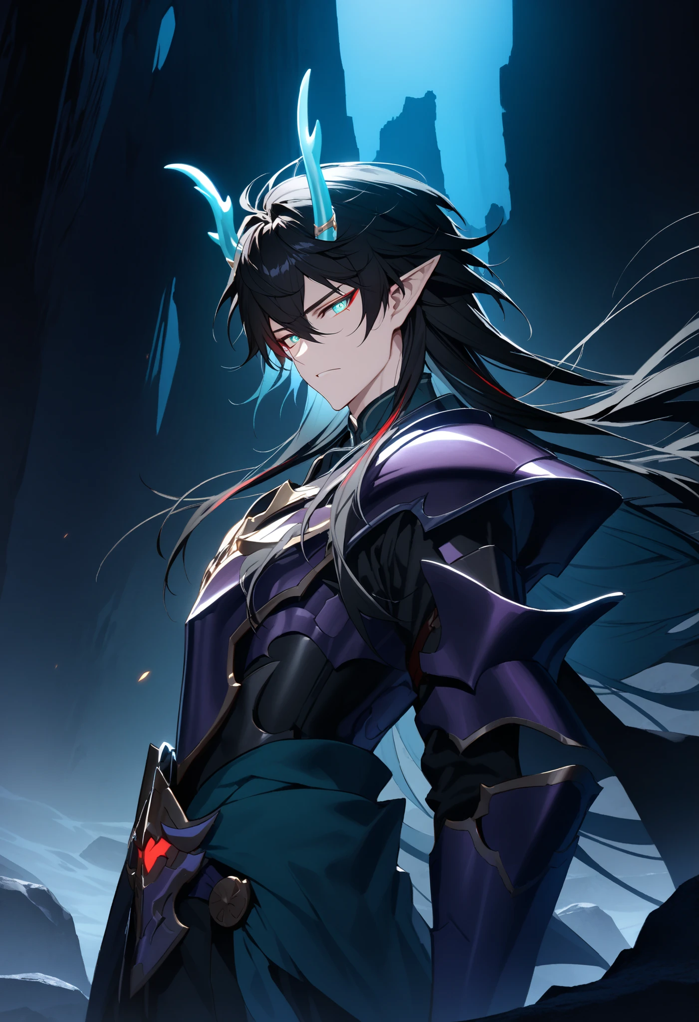 (high-quality, breathtaking),(expressive eyes, perfect face) Symmetrical Eyes, 1boy, male, solo, looking at viewer, black background, soft eerie blue lighting background, rock terrain background, Dark Purple Armor, trim, full plate armor, half body shot, solo, black armor, Specter, Dark Knights, male focus, dhil, black hair, long hair, green eyes, red eyeliner, pointy ears, green horns
