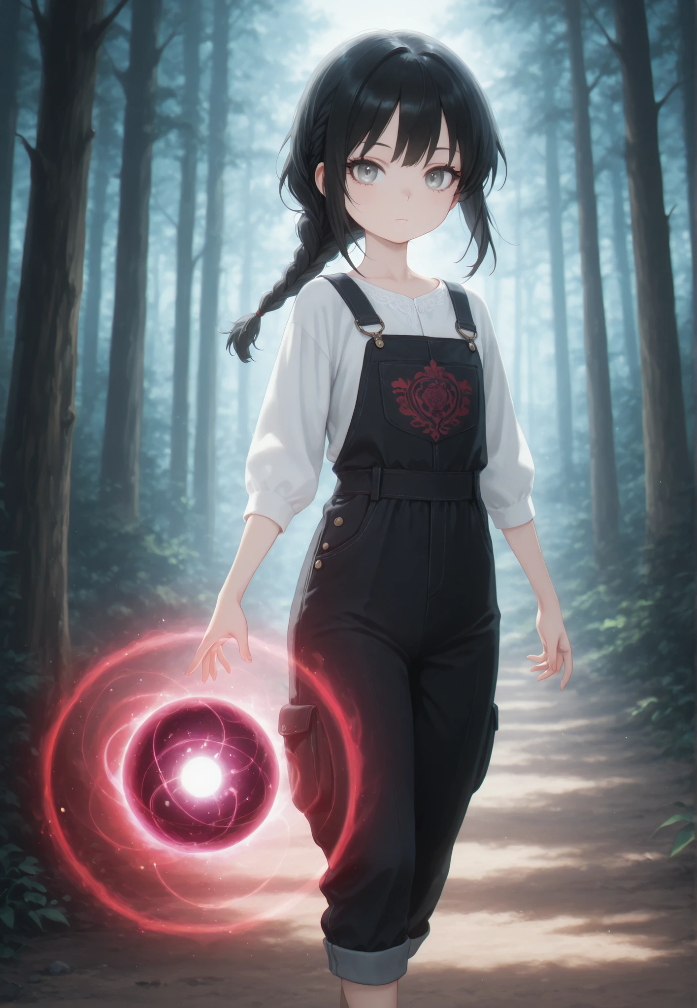 Masterpiece, Best Quality, Newest, Safe, Good Anatomy, Good Resolution, Good Lighting. Beautiful, Anime, Normal. Girl, Black Hair, Hairstyle, One Braid. Light Gray Eyes. Black Eyelashes, Fair Skin. Adorable, She is 8 Years Old, Height 1'28 cm. Looking at the viewer, Alone, Background: Forest. Natural Poses. Wearing clothes: White shirt with red embroidery, Black overalls. Defensive Stance, Magic: Magic and Shiny Sphere.