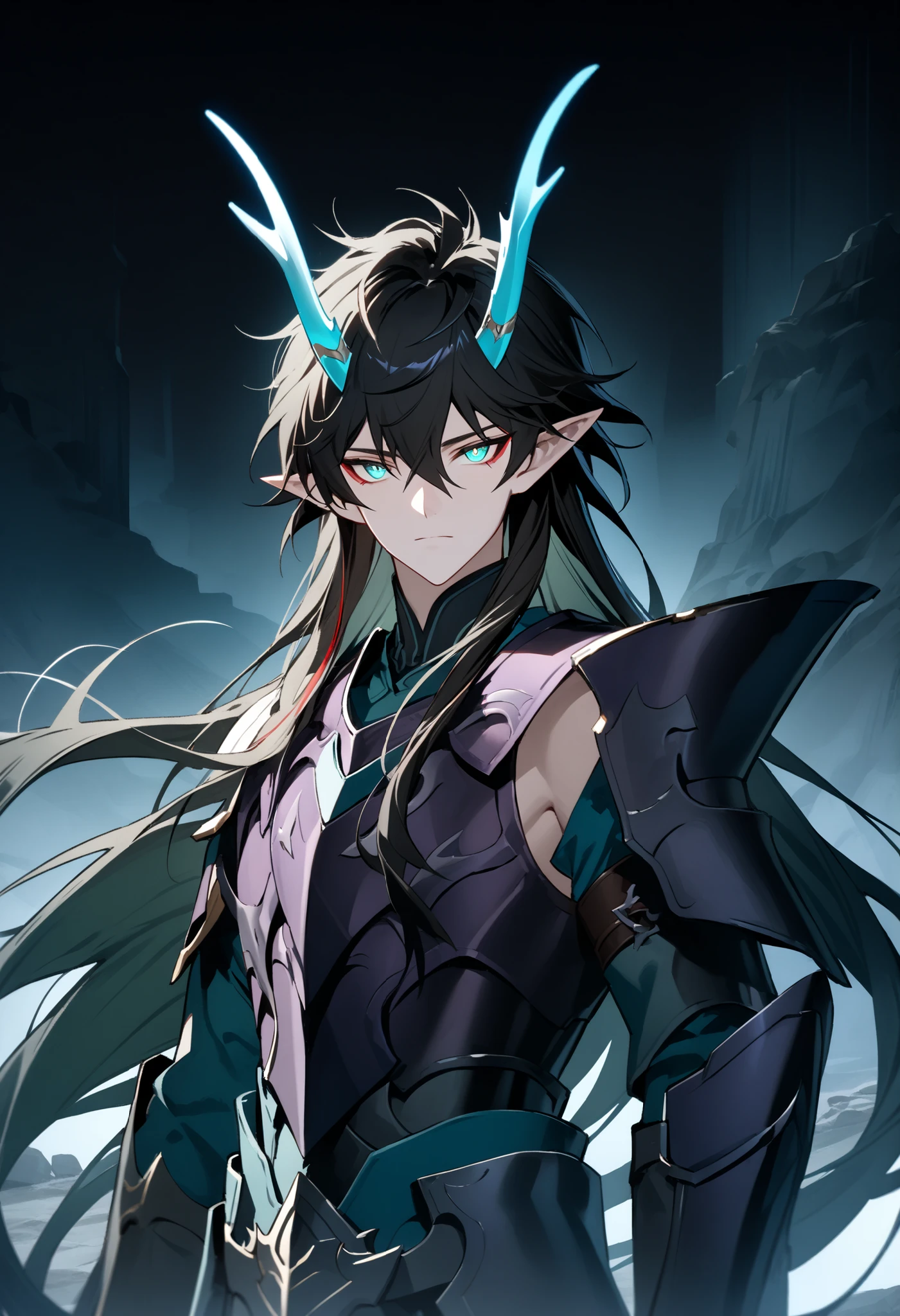 (high-quality, breathtaking),(expressive eyes, perfect face) Symmetrical Eyes, 1boy, male, solo, looking at viewer, black background, soft eerie blue lighting background, rock terrain background, Dark Purple Armor, trim, full plate armor, half body shot, solo, black armor, Specter, Dark Knights, male focus, dhil, black hair, long hair, green eyes, red eyeliner, pointy ears, green horns, perfect composition