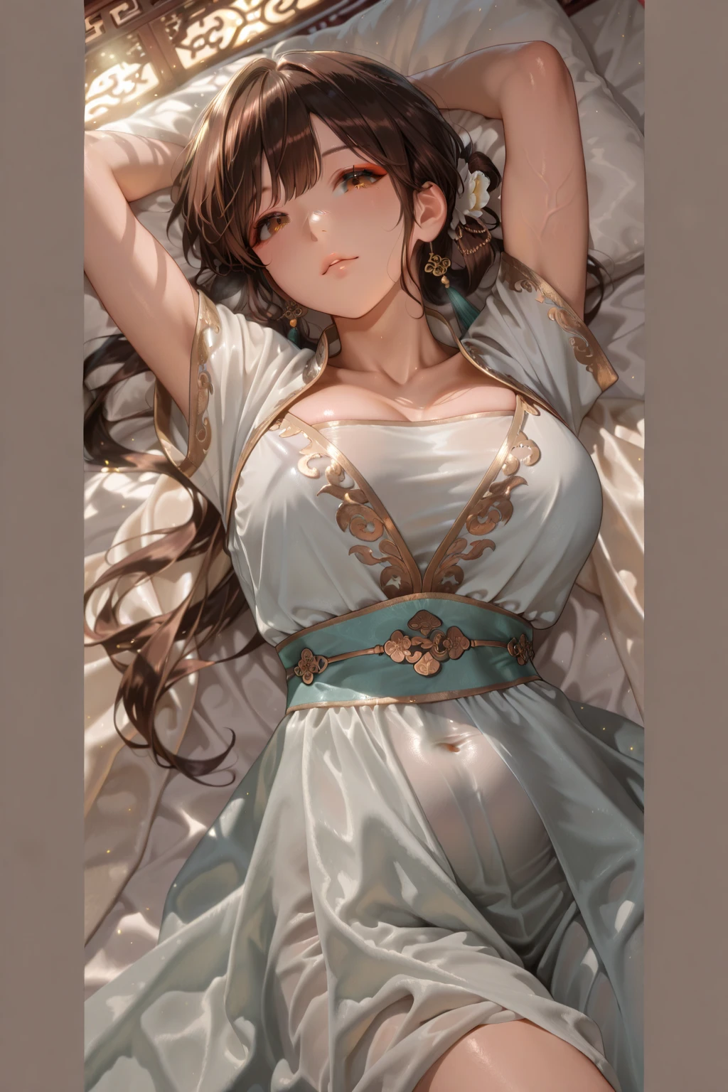 1woman, young, very pregnant goddess, mature, fancy blue dress, delicate beautiful face, dancing, wavy brown hair