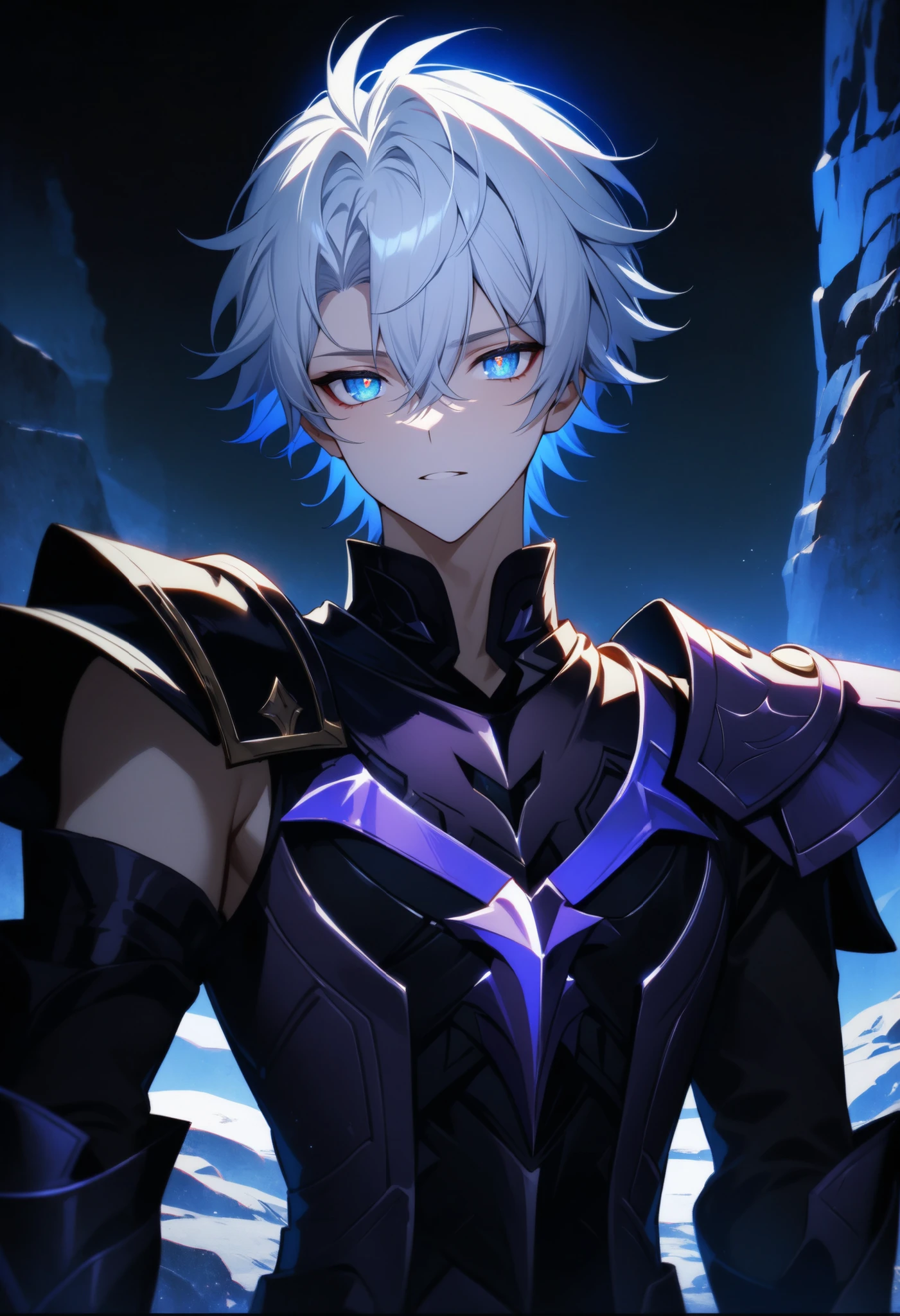 (high-quality, breathtaking),(expressive eyes, perfect face) Symmetrical Eyes, 1boy, male, solo, looking at viewer, black background, soft eerie blue lighting background, rock terrain background, Dark Purple Armor, trim, full plate armor, half body shot, solo, black armor, Specter, Dark Knights, male focus, perfect composition, phainon \(honkai star rail\), shoulder armor, short hair, white hair between eyes, pauldrons, coat